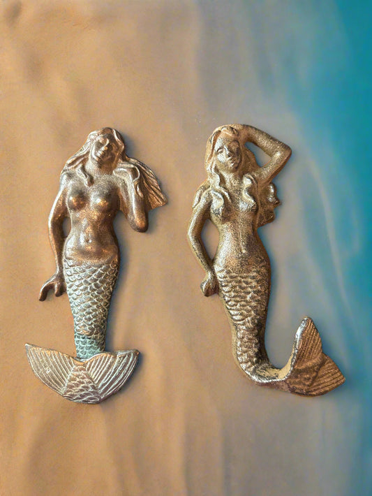 Pair of Cast Iron Mermaid Wall Hooks Both Approx. 6" Tall