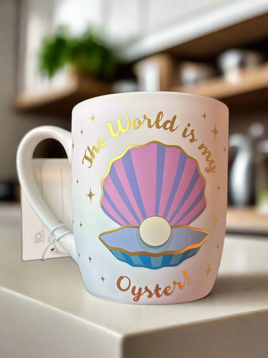 Luna & Sage Soft Feel The World Is My Oyster Coffee Cup Mug Blue Interior New With Tags