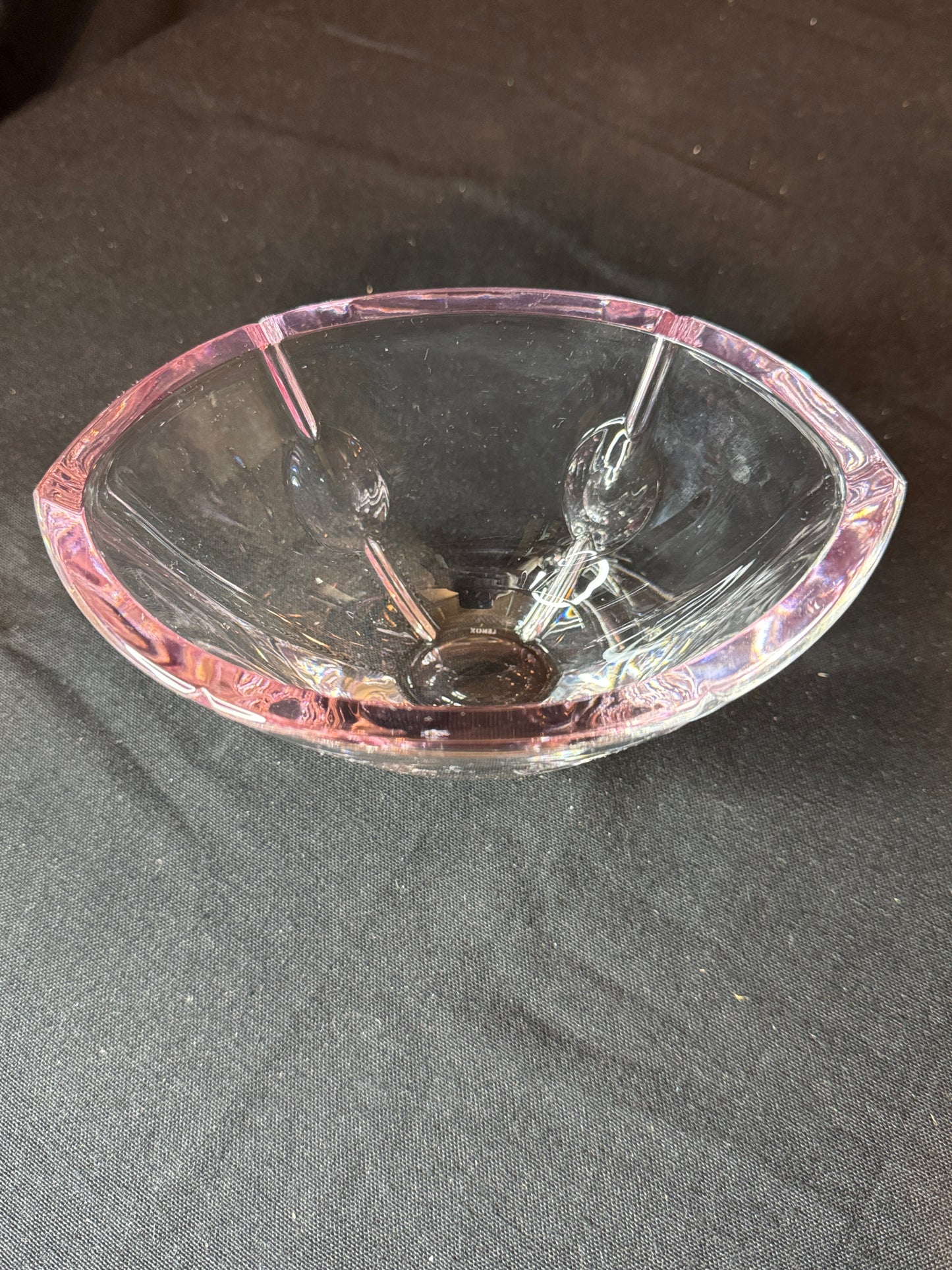 Lenox "Gift of Knowledge" Pink Tinted Full Lead Crystal Oval Candy Bowl Vintage 6.75" x 4.5"