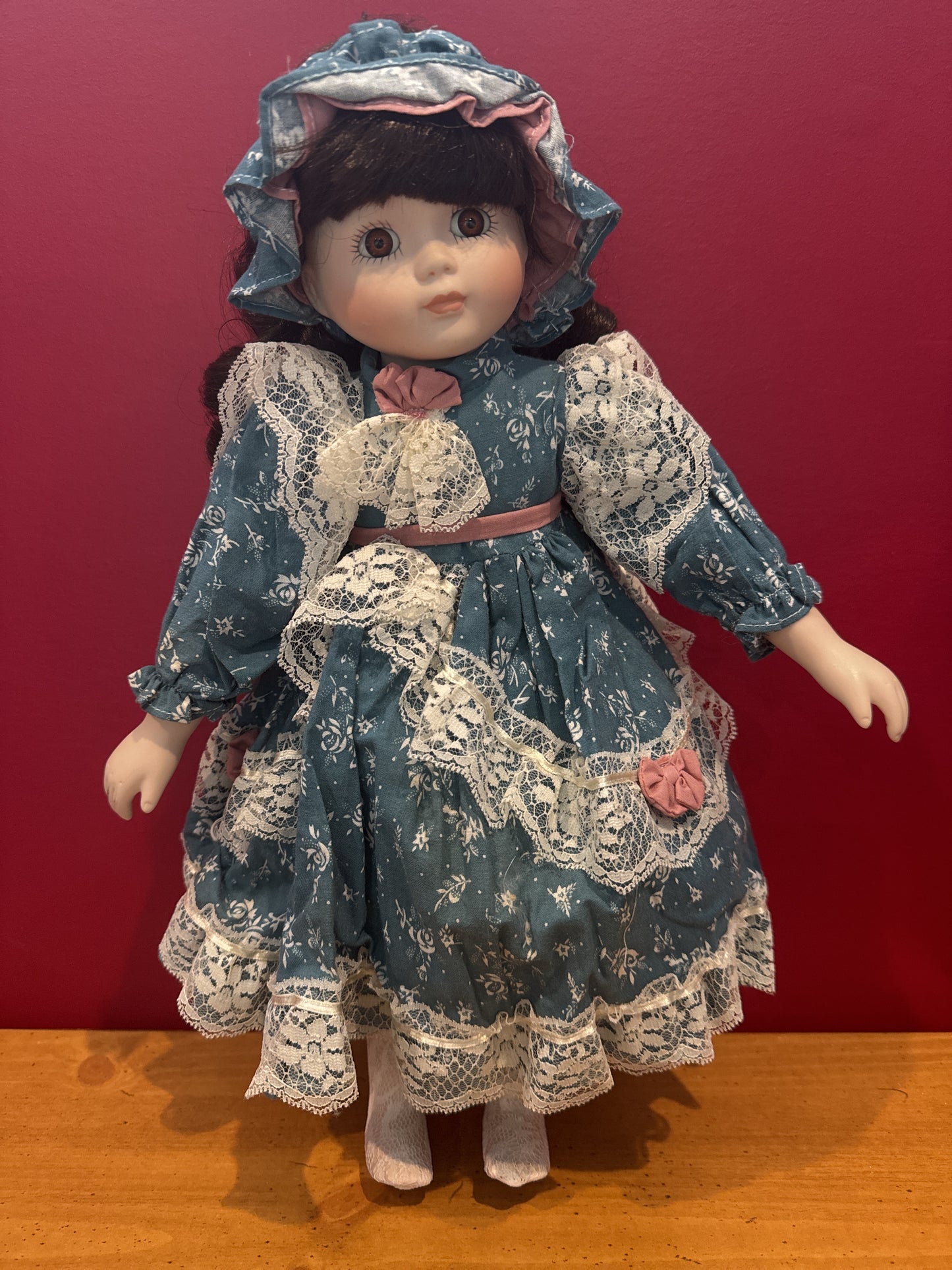 Vintage Collectible Porcelain Doll Dark Brown Hair Blue Floral Dress 15" Tall