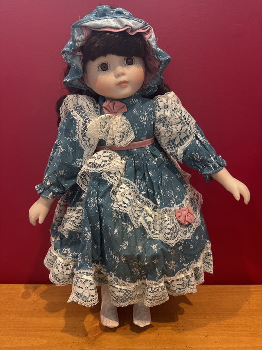 Vintage Collectible Porcelain Doll Dark Brown Hair Blue Floral Dress 15" Tall