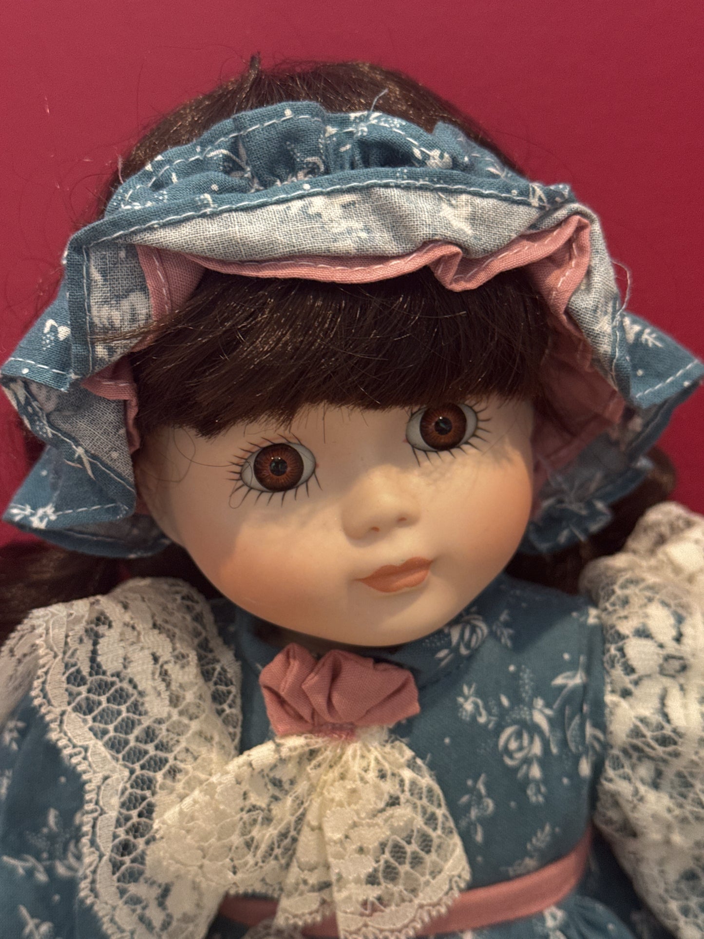 Vintage Collectible Porcelain Doll Dark Brown Hair Blue Floral Dress 15" Tall