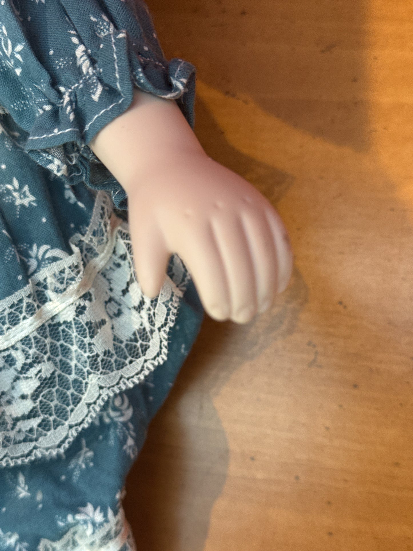 Vintage Collectible Porcelain Doll Dark Brown Hair Blue Floral Dress 15" Tall