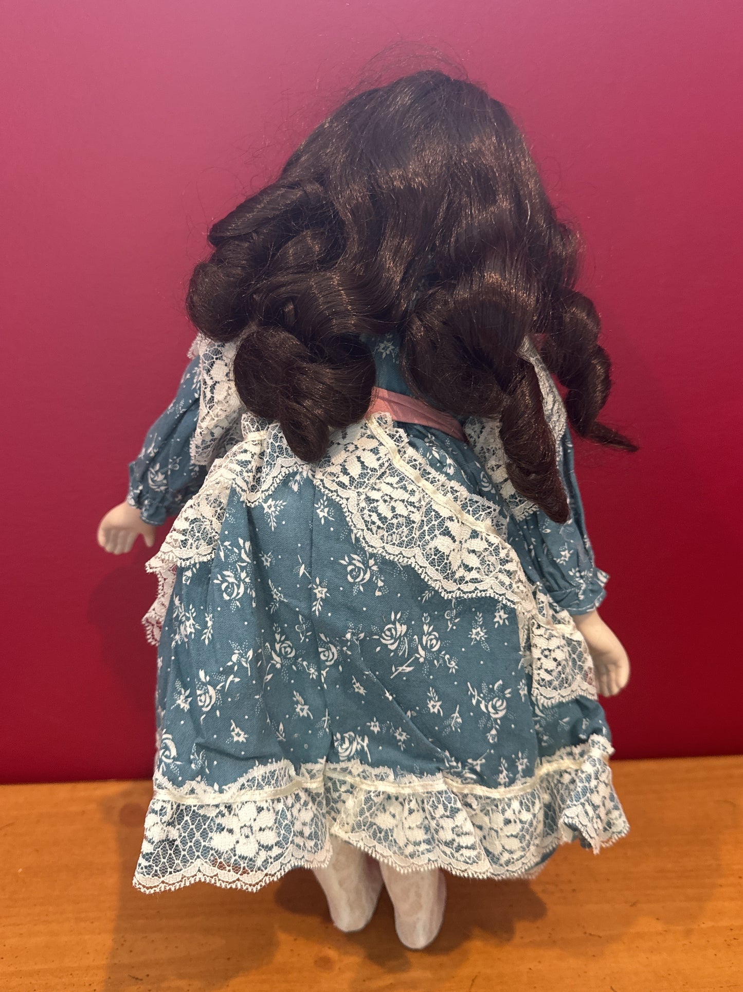 Vintage Collectible Porcelain Doll Dark Brown Hair Blue Floral Dress 15" Tall