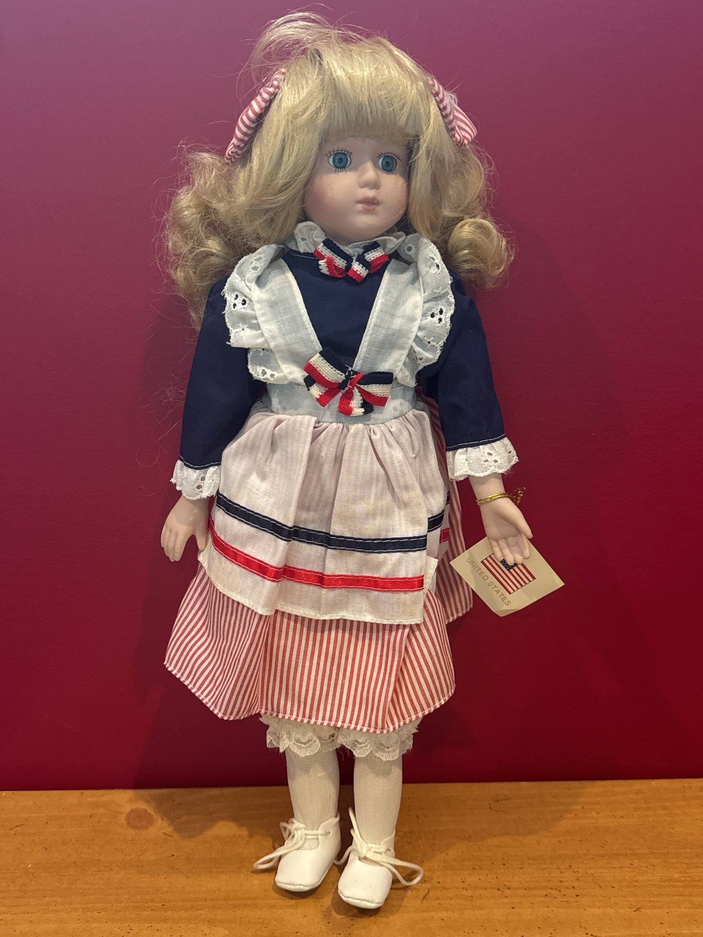 Porcelain Collectible Doll Red White and Blue Patriotic Special Edition United States Tag 16" Tall