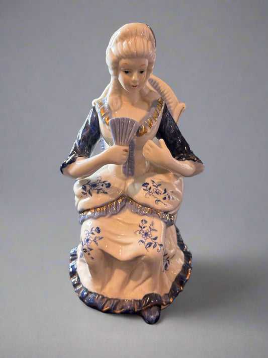 Vintage 7.5" Blue White Porcelain Sitting Victorian Woman Seated Lady Figurine