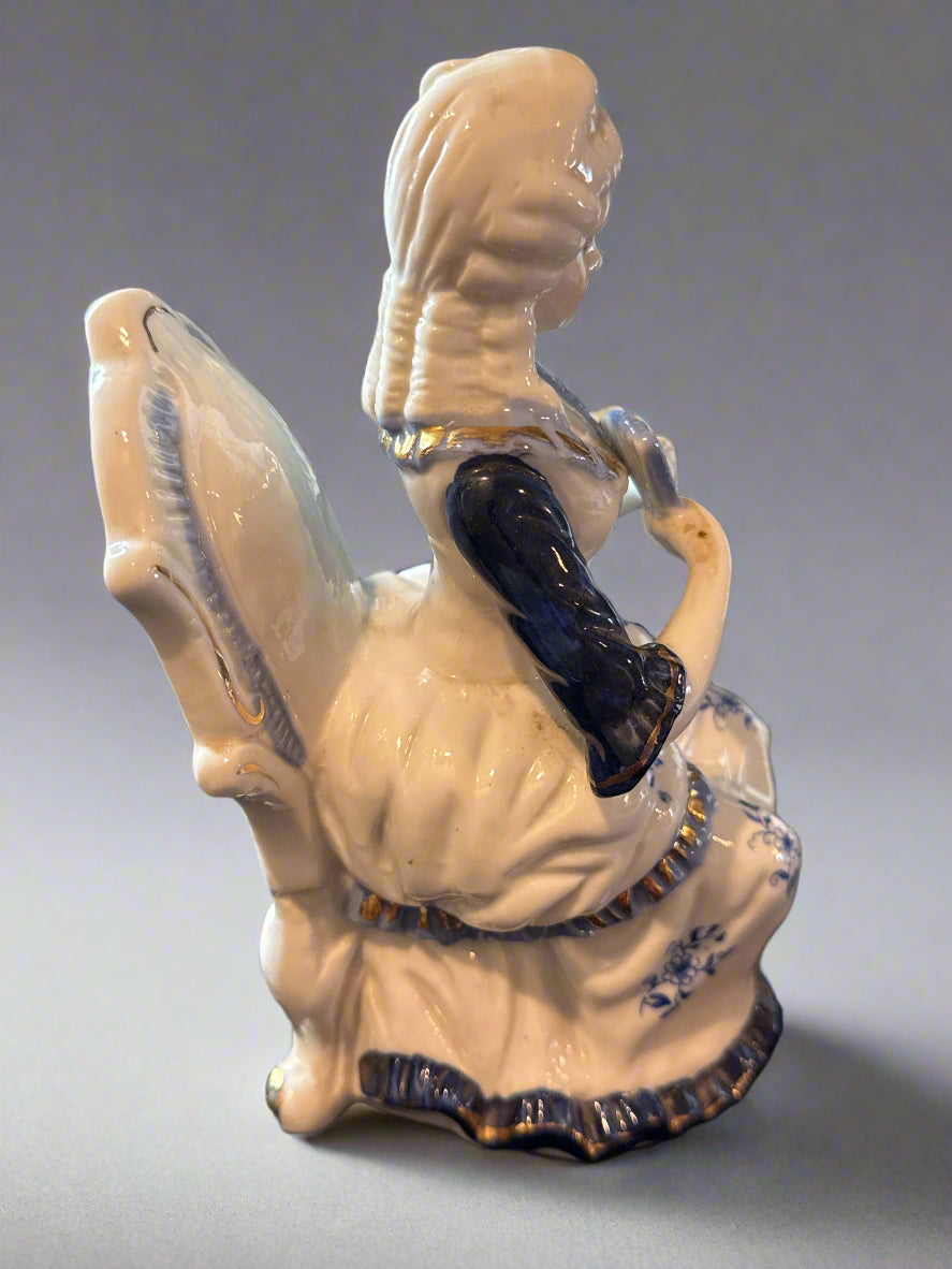 Vintage 7.5" Blue White Porcelain Sitting Victorian Woman Seated Lady Figurine