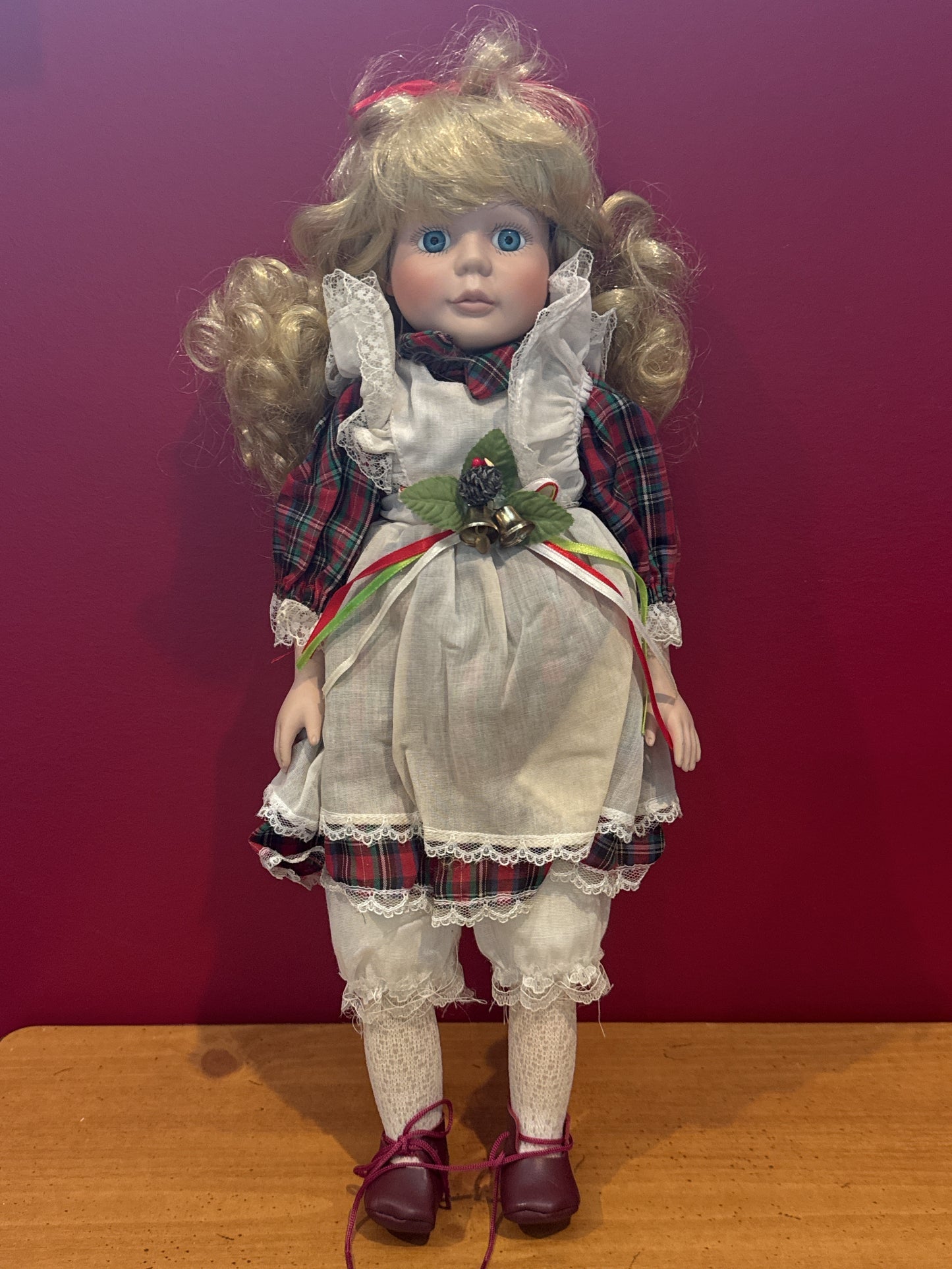 Porcelain Collectible Doll 16" Tall Bells Plaid Dress Blonde Hair