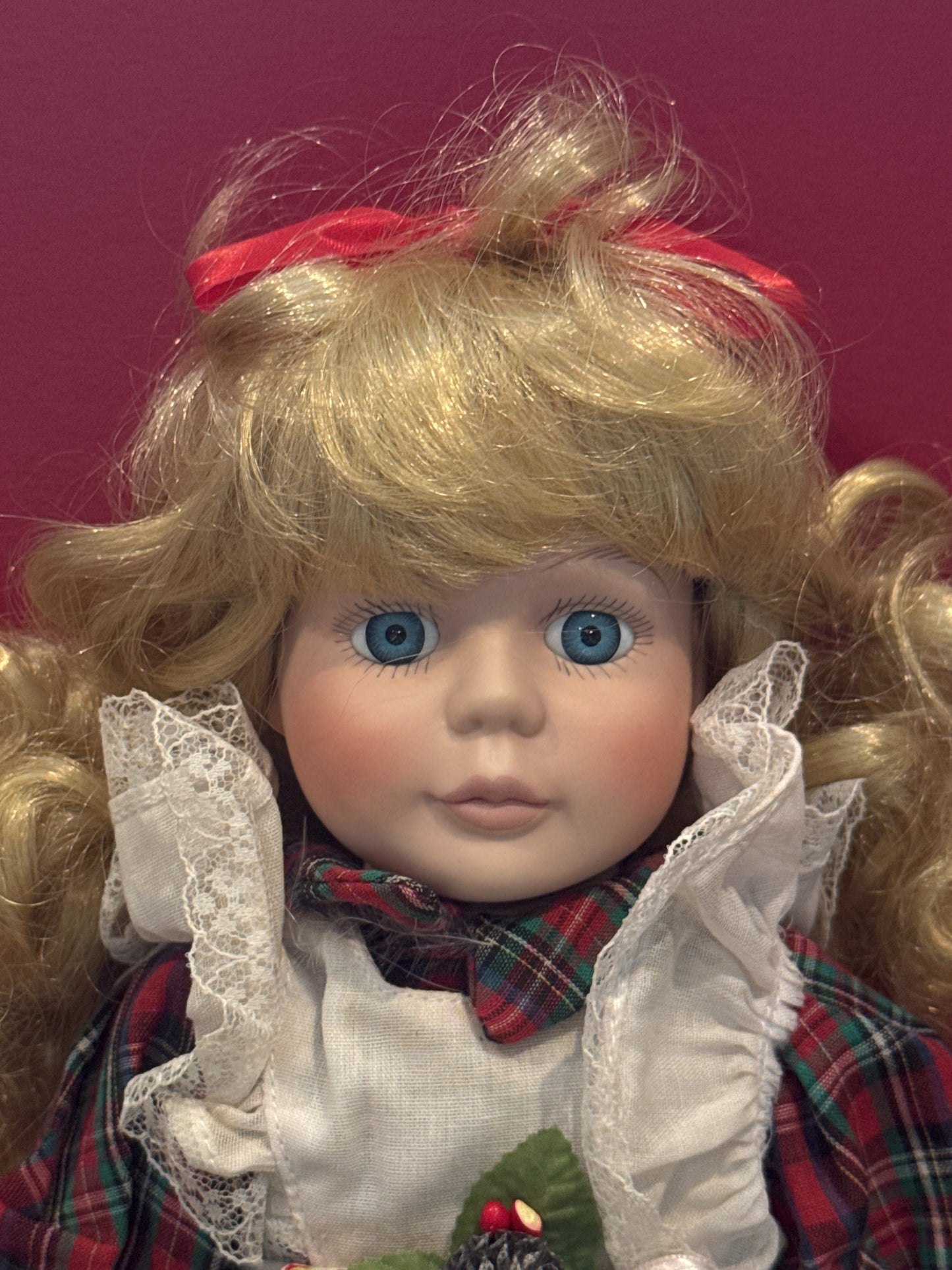 Porcelain Collectible Doll 16" Tall Bells Plaid Dress Blonde Hair
