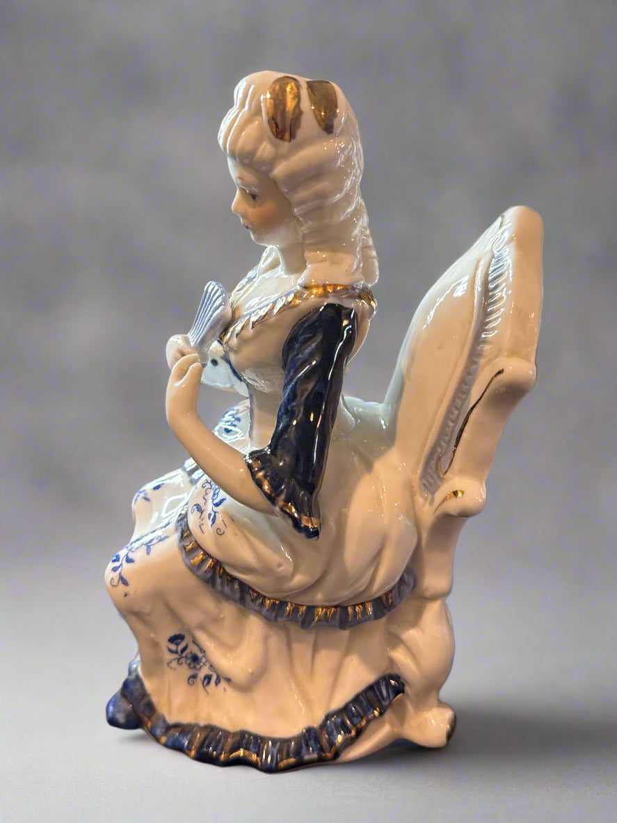 Vintage 7.5" Blue White Porcelain Sitting Victorian Woman Seated Lady Figurine
