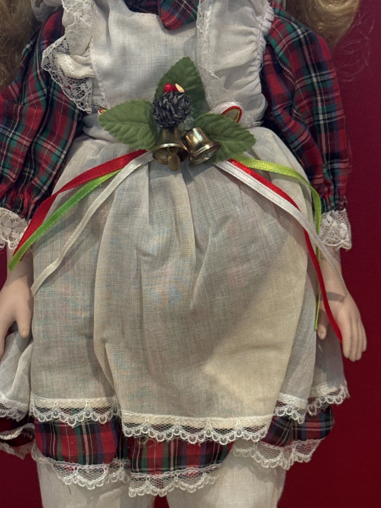 Porcelain Collectible Doll 16" Tall Bells Plaid Dress Blonde Hair