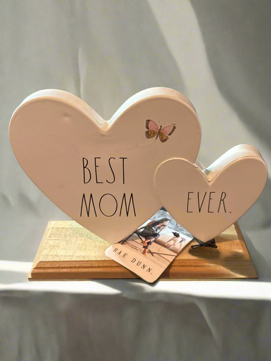 Rae Dunn "Best Mom Ever" 2 Loving Metal Hearts With Butterfly On Wood Base Gift 7.75" Wide