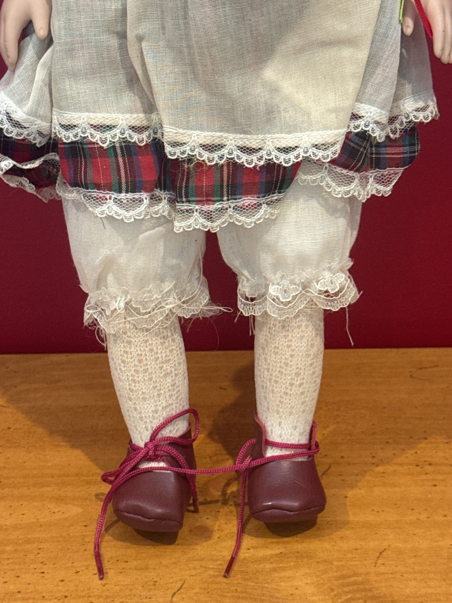 Porcelain Collectible Doll 16" Tall Bells Plaid Dress Blonde Hair