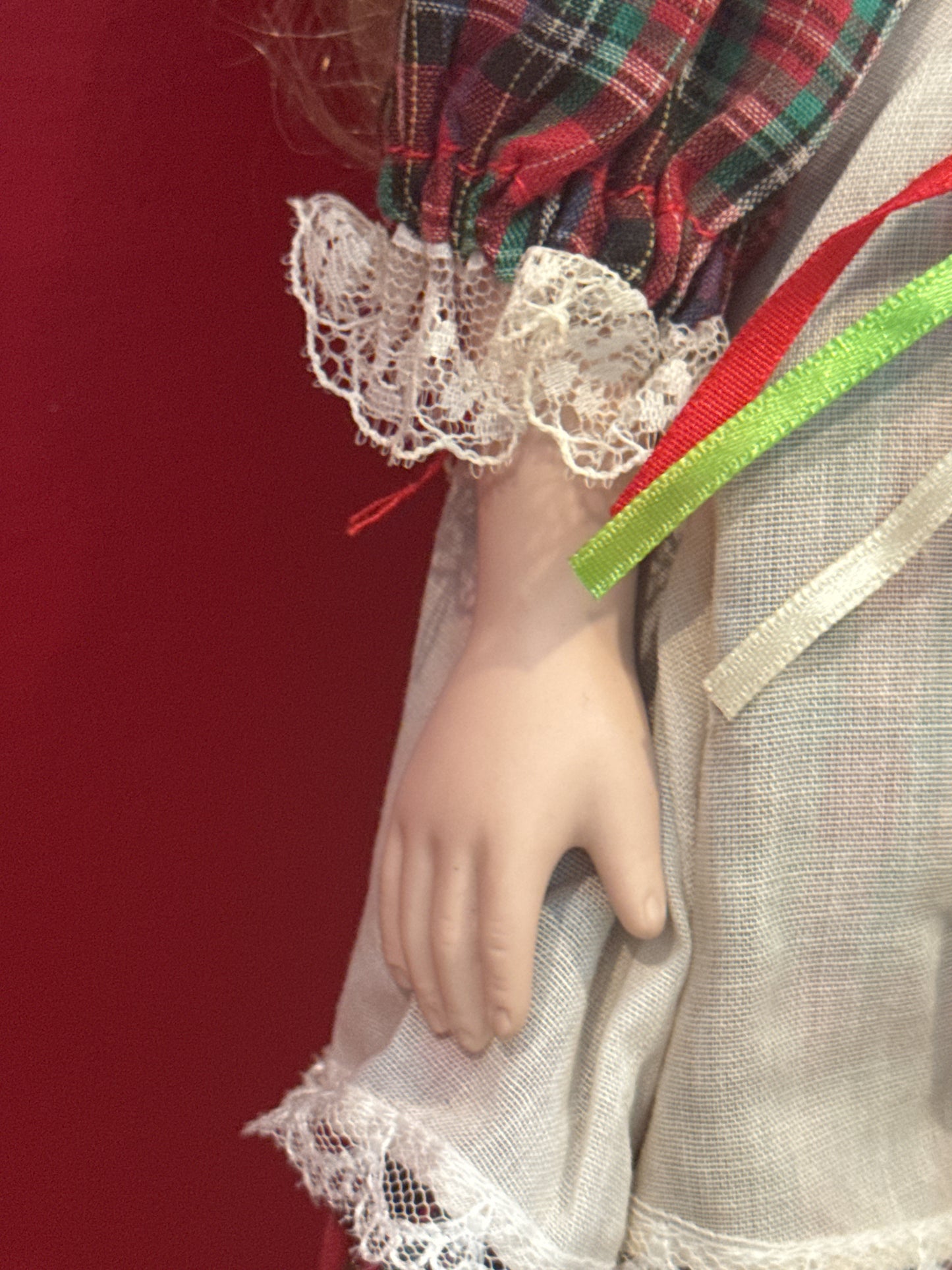 Porcelain Collectible Doll 16" Tall Bells Plaid Dress Blonde Hair