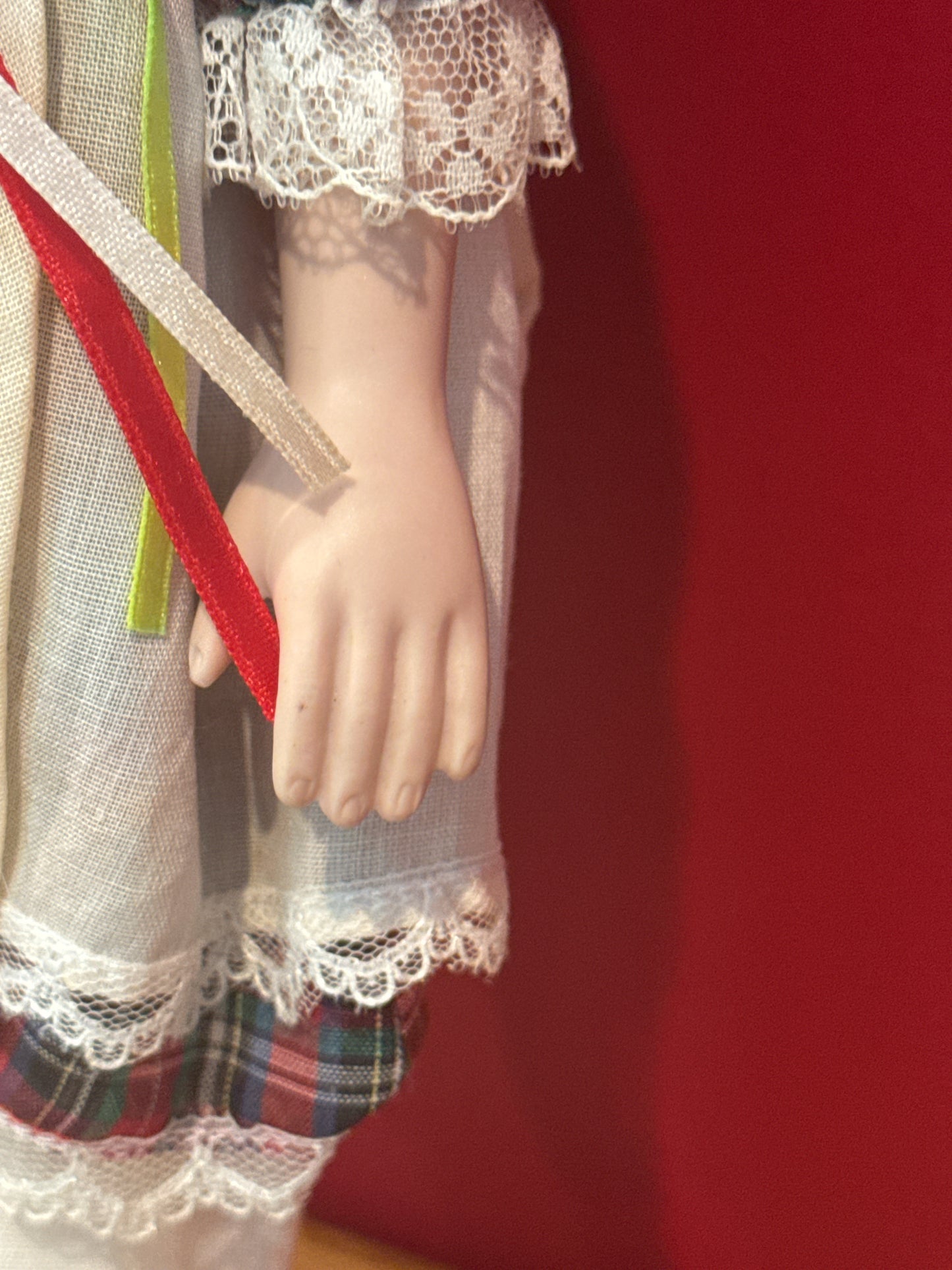 Porcelain Collectible Doll 16" Tall Bells Plaid Dress Blonde Hair