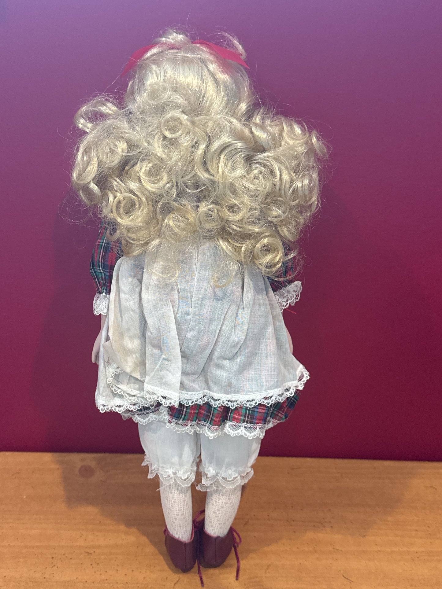 Porcelain Collectible Doll 16" Tall Bells Plaid Dress Blonde Hair
