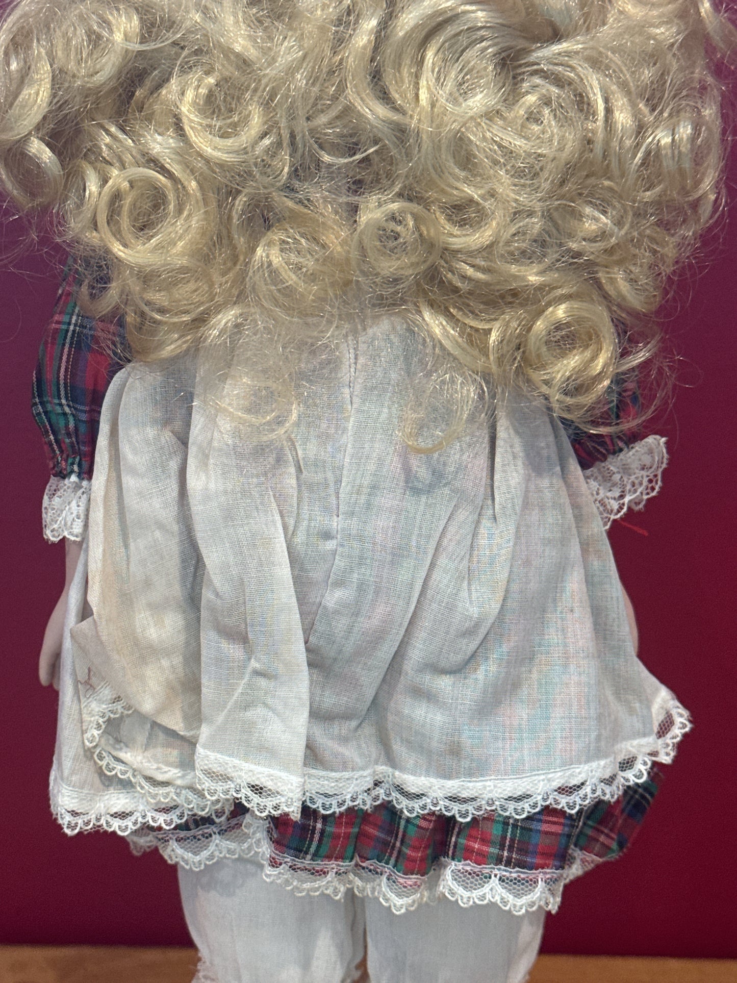 Porcelain Collectible Doll 16" Tall Bells Plaid Dress Blonde Hair