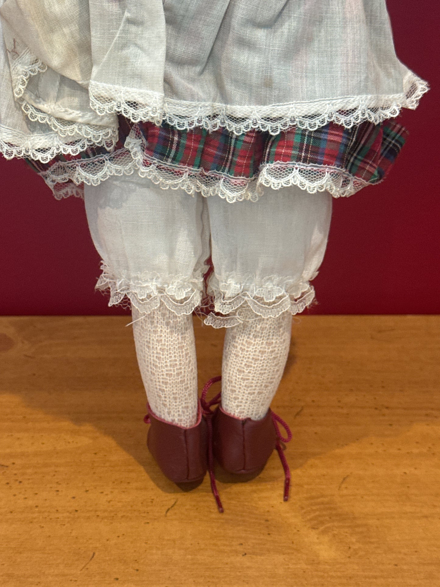 Porcelain Collectible Doll 16" Tall Bells Plaid Dress Blonde Hair