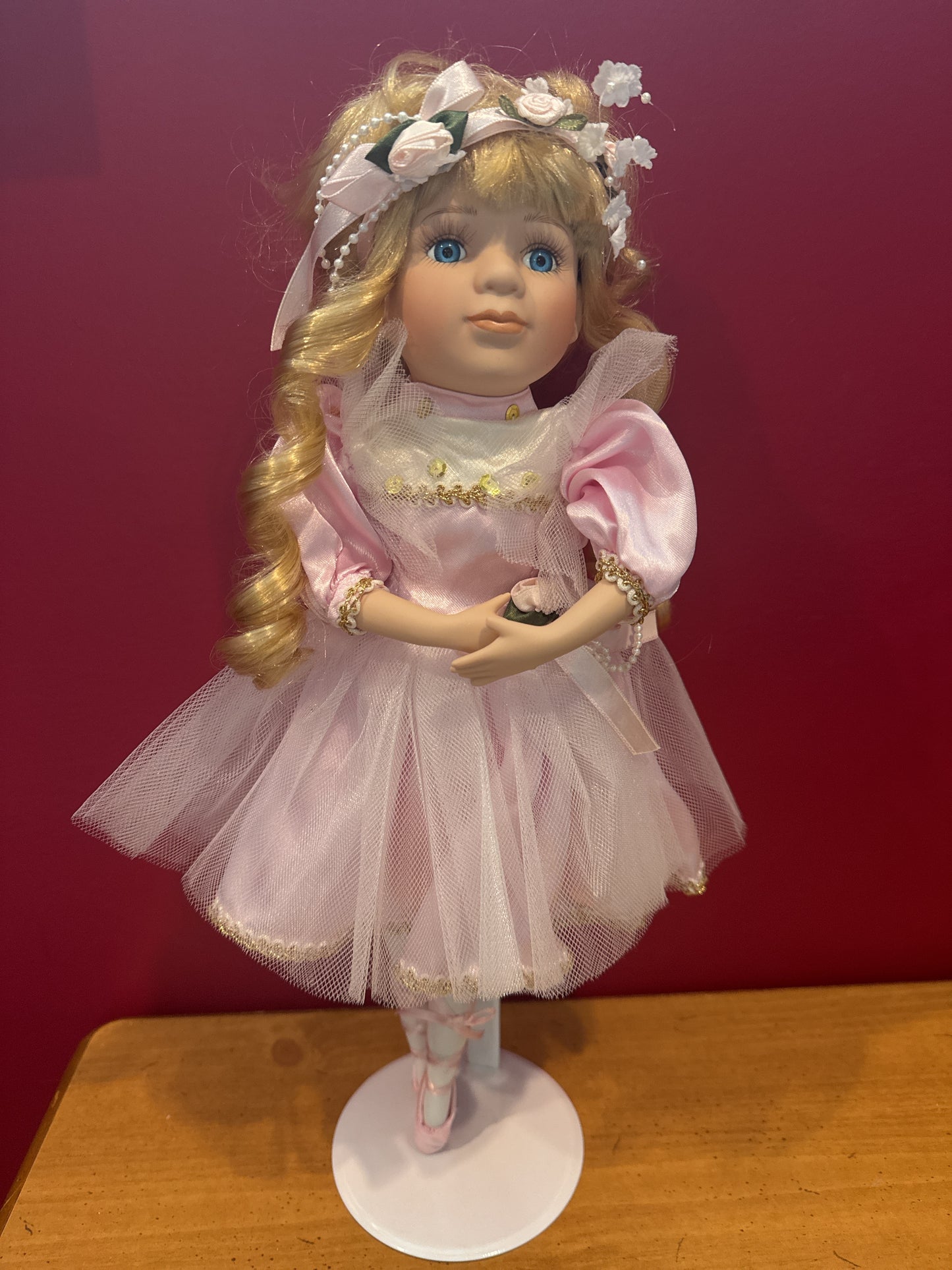 Porcelain Ballerina Collectible Doll 16" with Stand Blonde w/ Blue Eyes