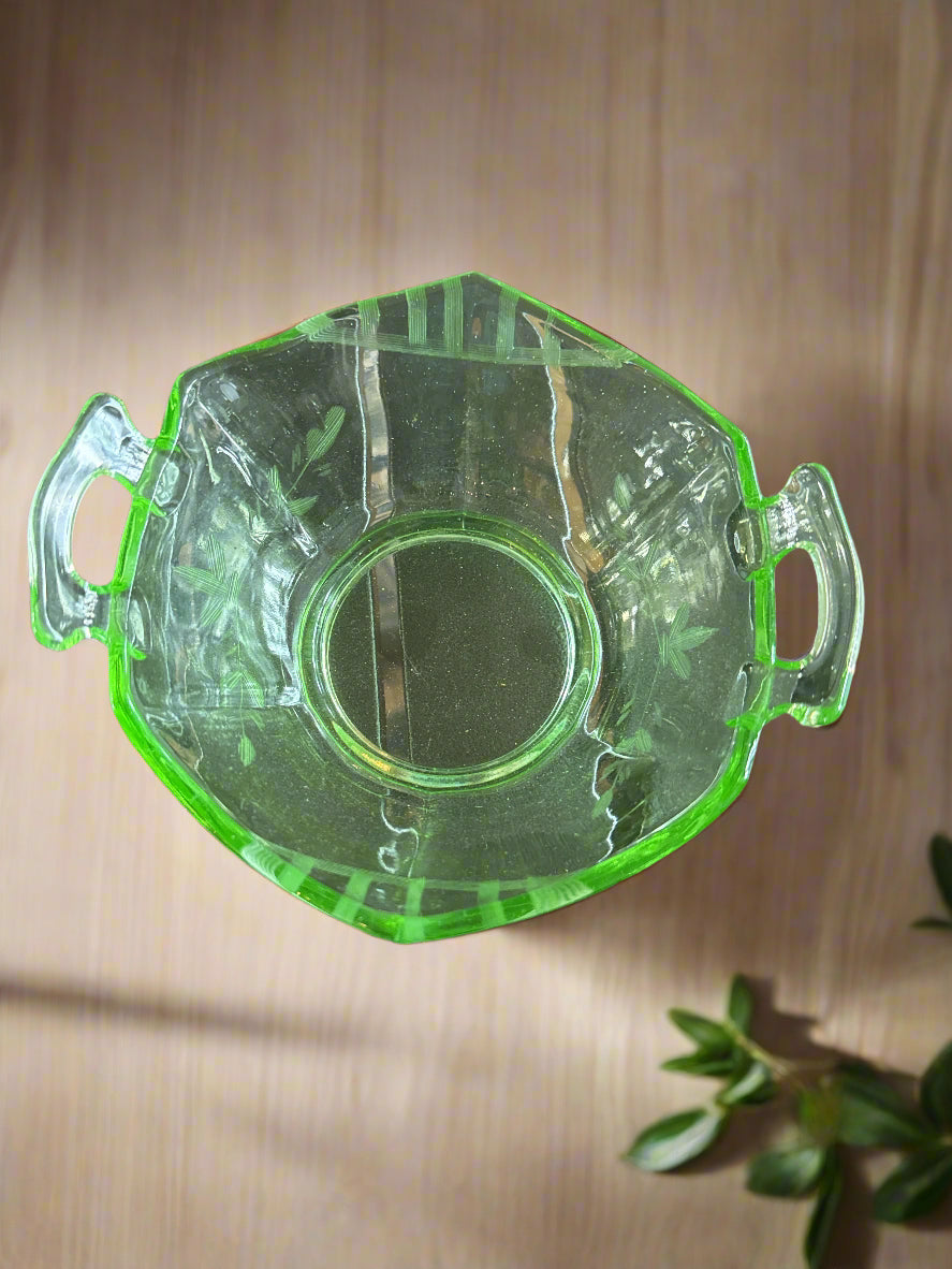 Vintage Art Deco Green Uranium Depression Glass 6.75" Serving Bowl With Handles/Glows