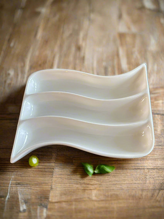 World Market Appetizer Dish Swirl Shape White Ceramic Divided