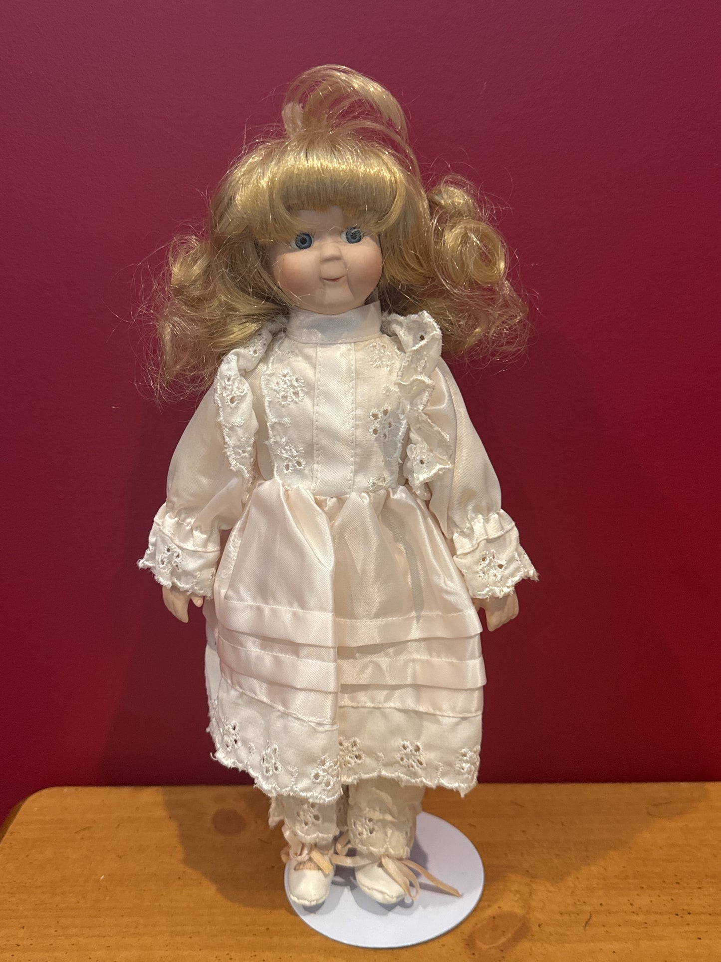 Vintage Blonde Porcelain Collectible Doll White Dress Cutesy Face 12" Tall w/ Stand