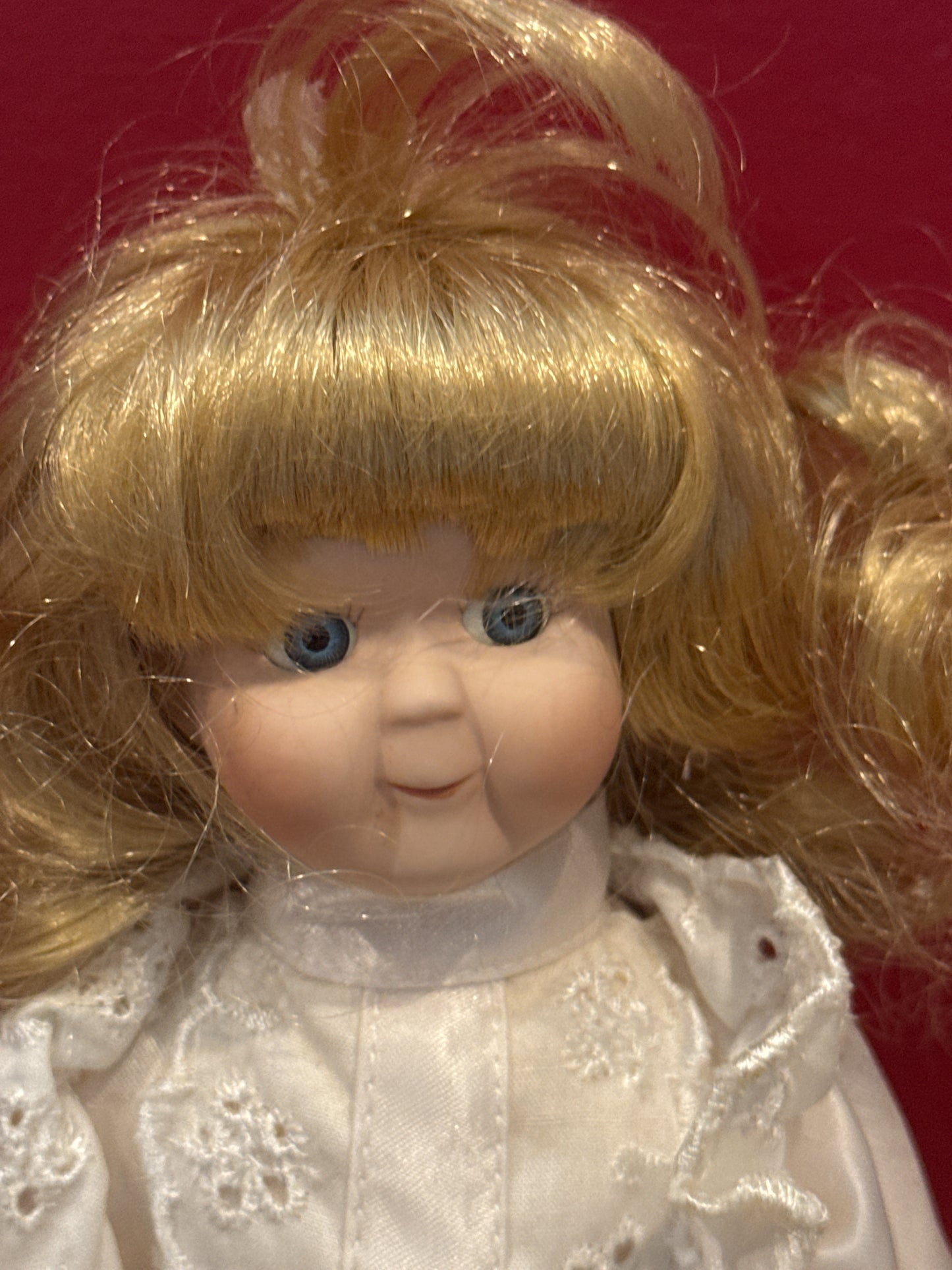 Vintage Blonde Porcelain Collectible Doll White Dress Cutesy Face 12" Tall w/ Stand