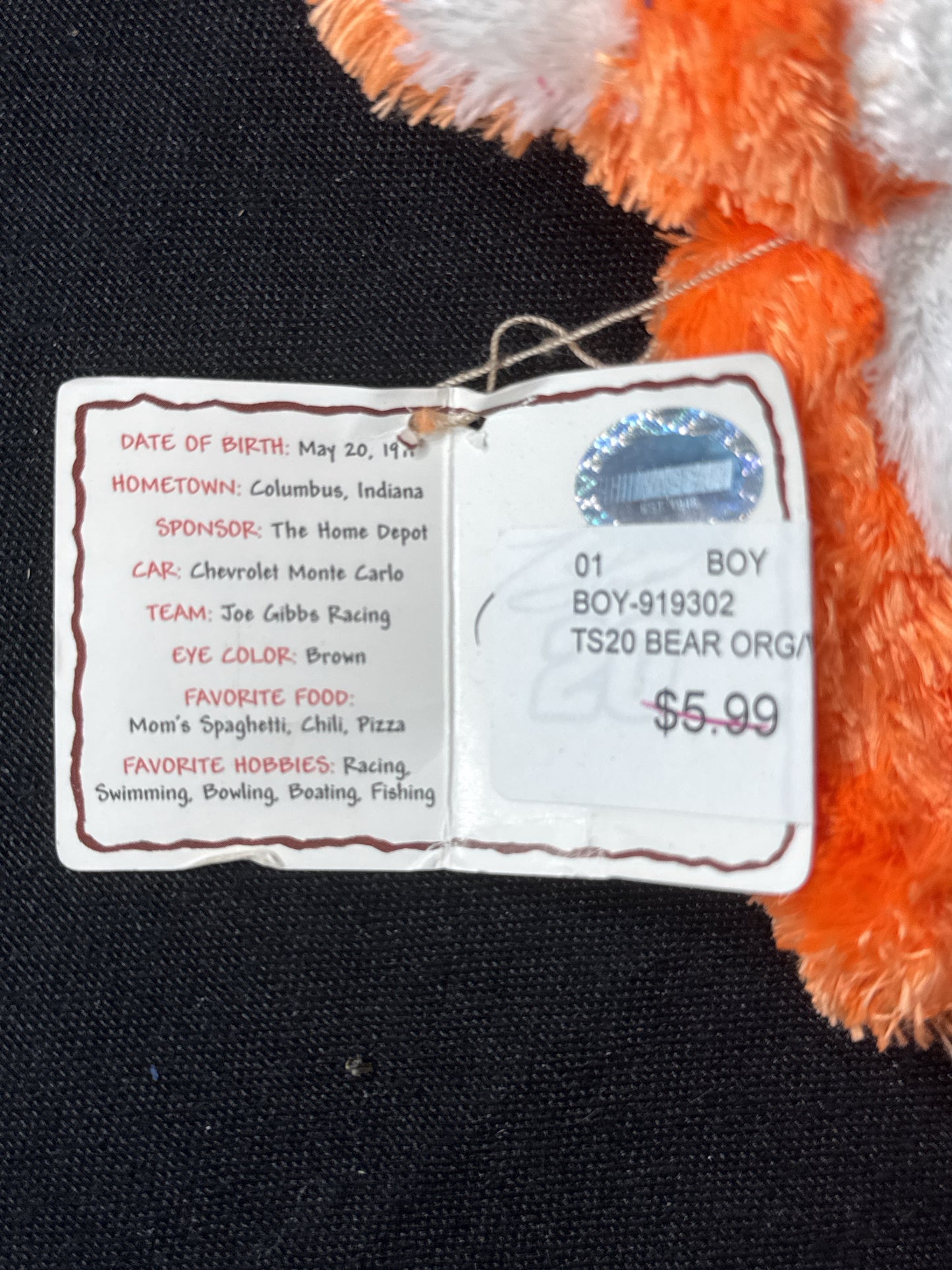 Mini Boyd's Bears NASCAR Edition Tony Stewart #20 Bear Orange White Plush with Tag