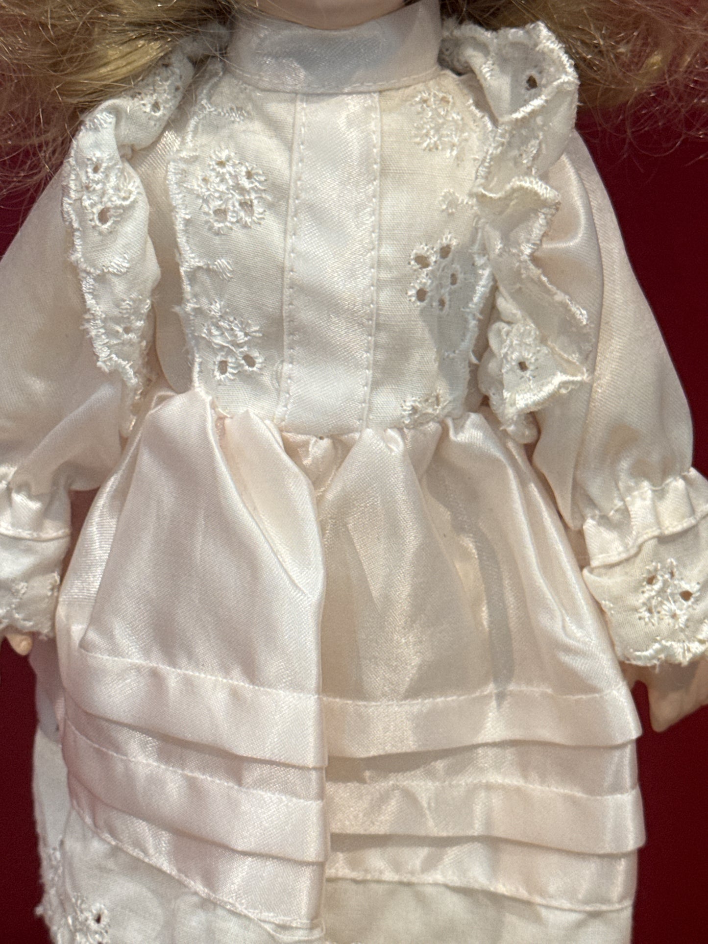 Vintage Blonde Porcelain Collectible Doll White Dress Cutesy Face 12" Tall w/ Stand