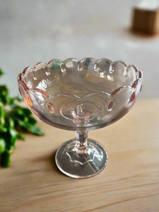Vintage Pink Depression Glass Pedestal Scallop Edge Candy/Fruit Bowl 7.5" Tall x 7.5" Wide