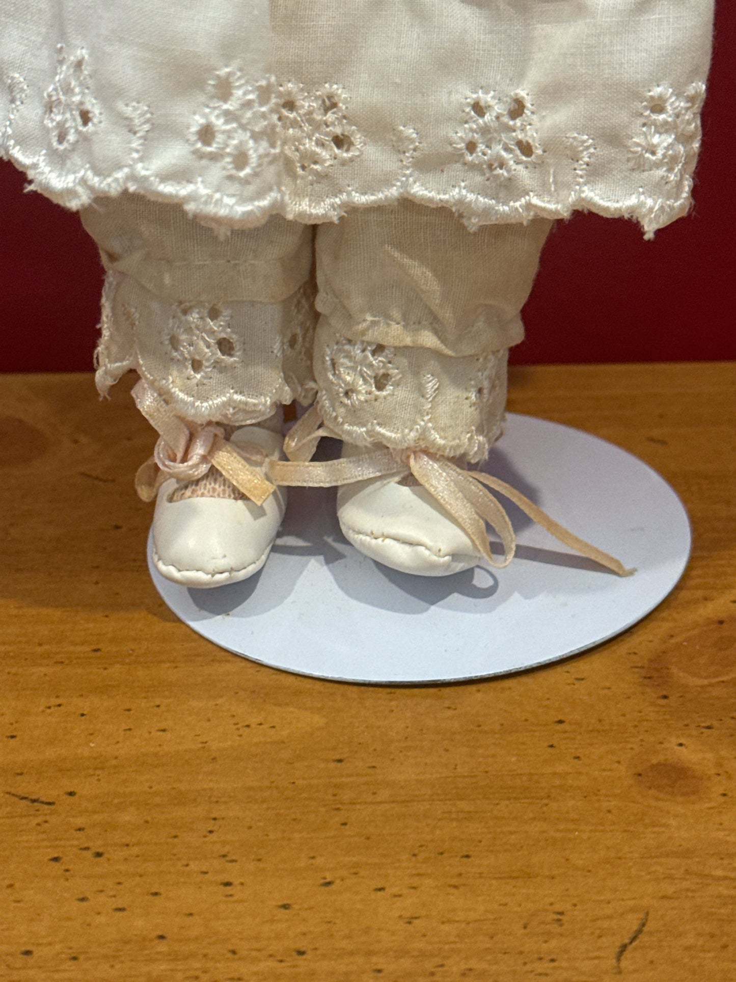 Vintage Blonde Porcelain Collectible Doll White Dress Cutesy Face 12" Tall w/ Stand