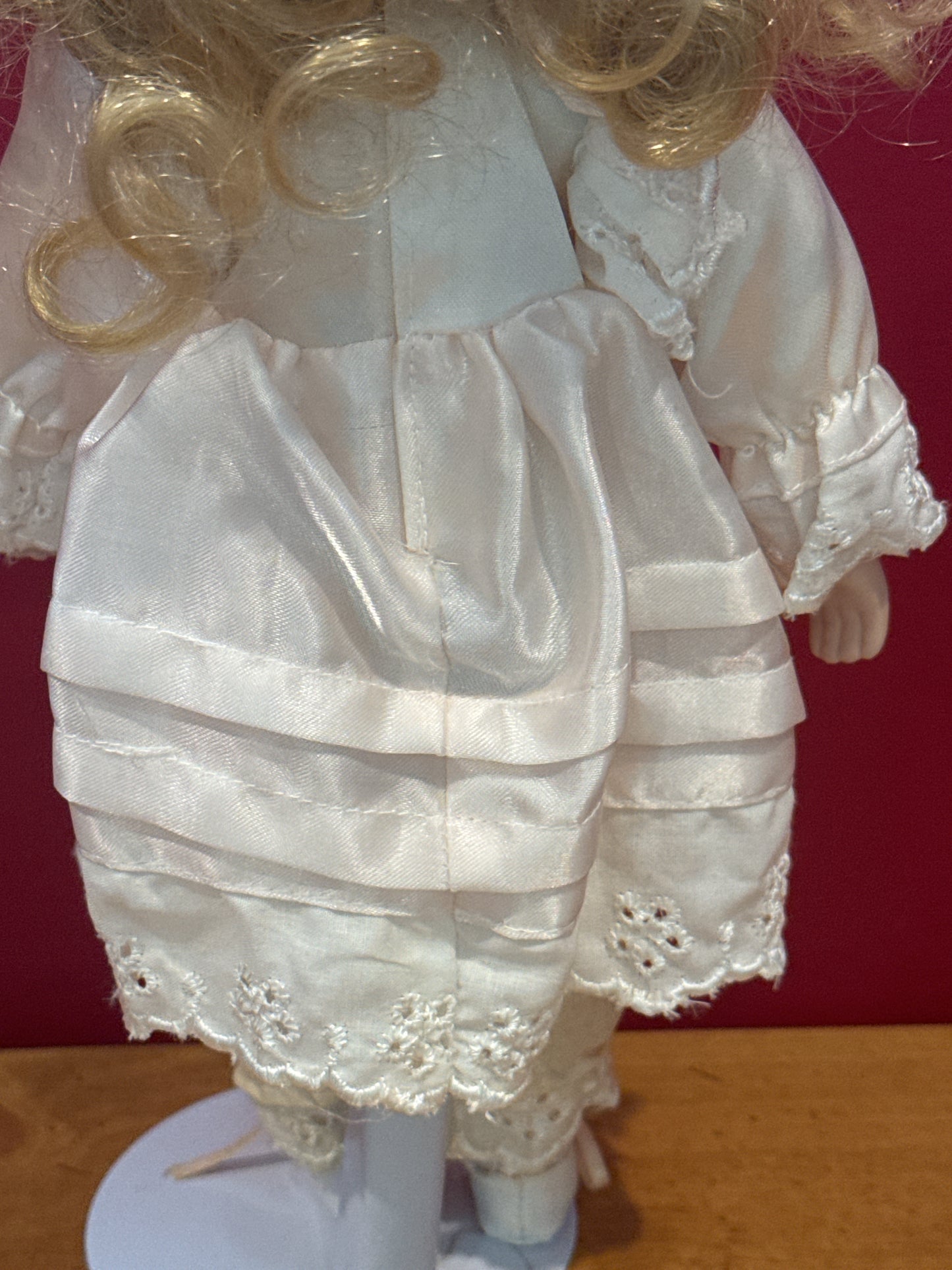 Vintage Blonde Porcelain Collectible Doll White Dress Cutesy Face 12" Tall w/ Stand