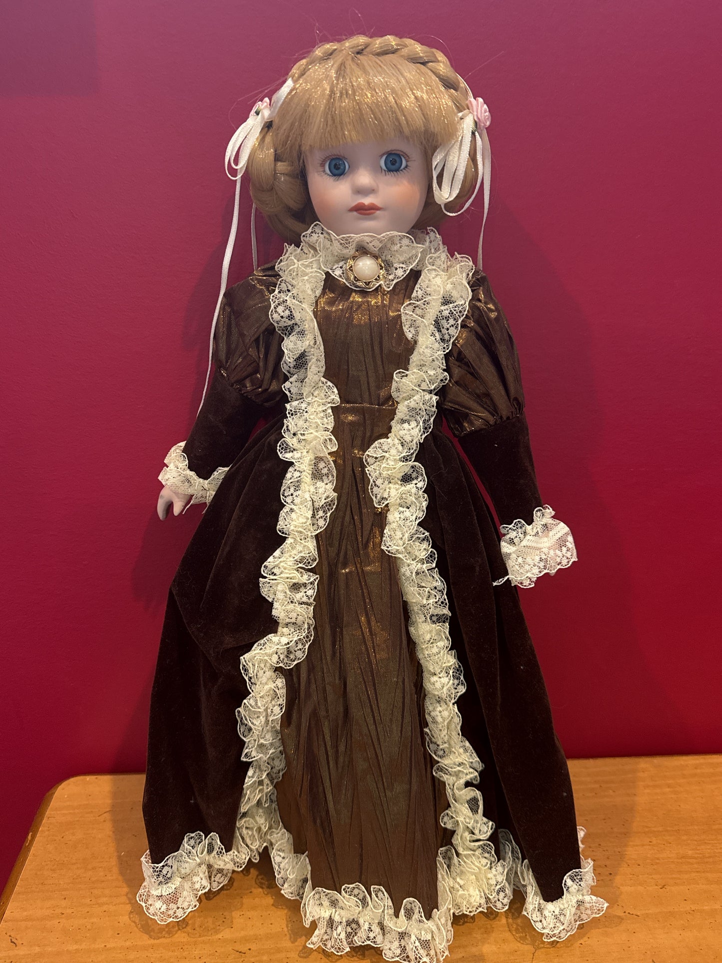 Allison Porcelain Collectible Doll w/ Stand Special Edition 18" Tall Brown Dress Blonde Hair
