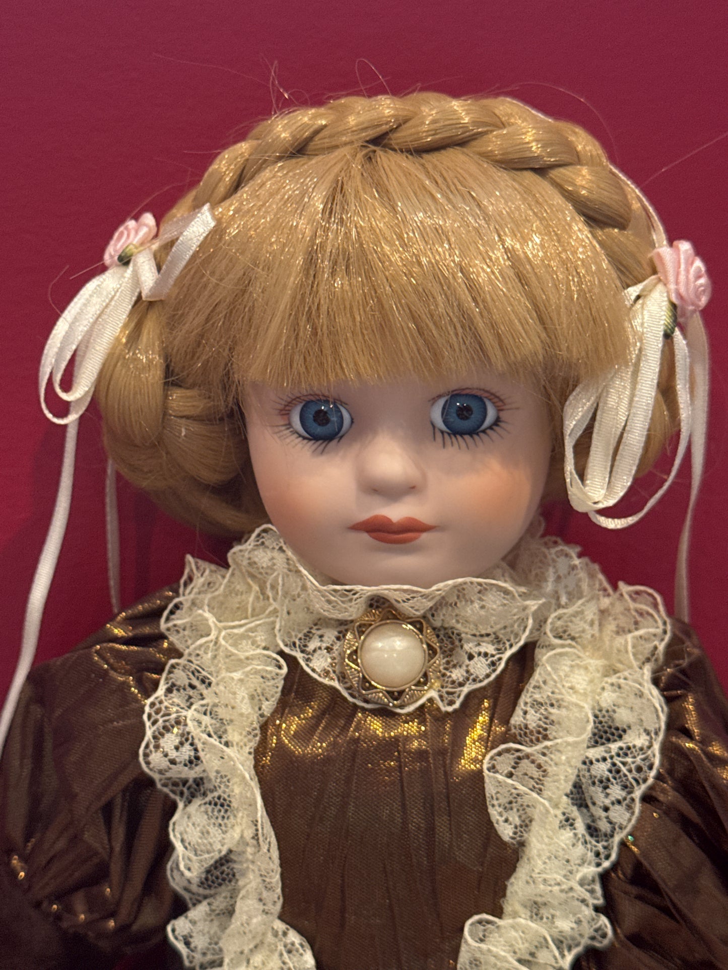 Allison Porcelain Collectible Doll w/ Stand Special Edition 18" Tall Brown Dress Blonde Hair