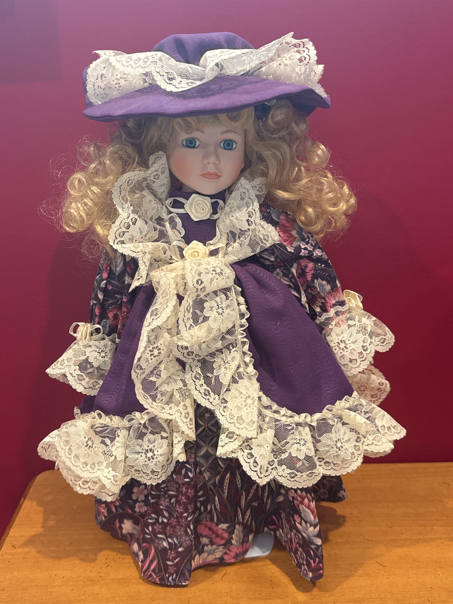 Porcelain Collectible Doll in Purple Victorian Style Dress w/ Hat & Metal Stand 17" Tall
