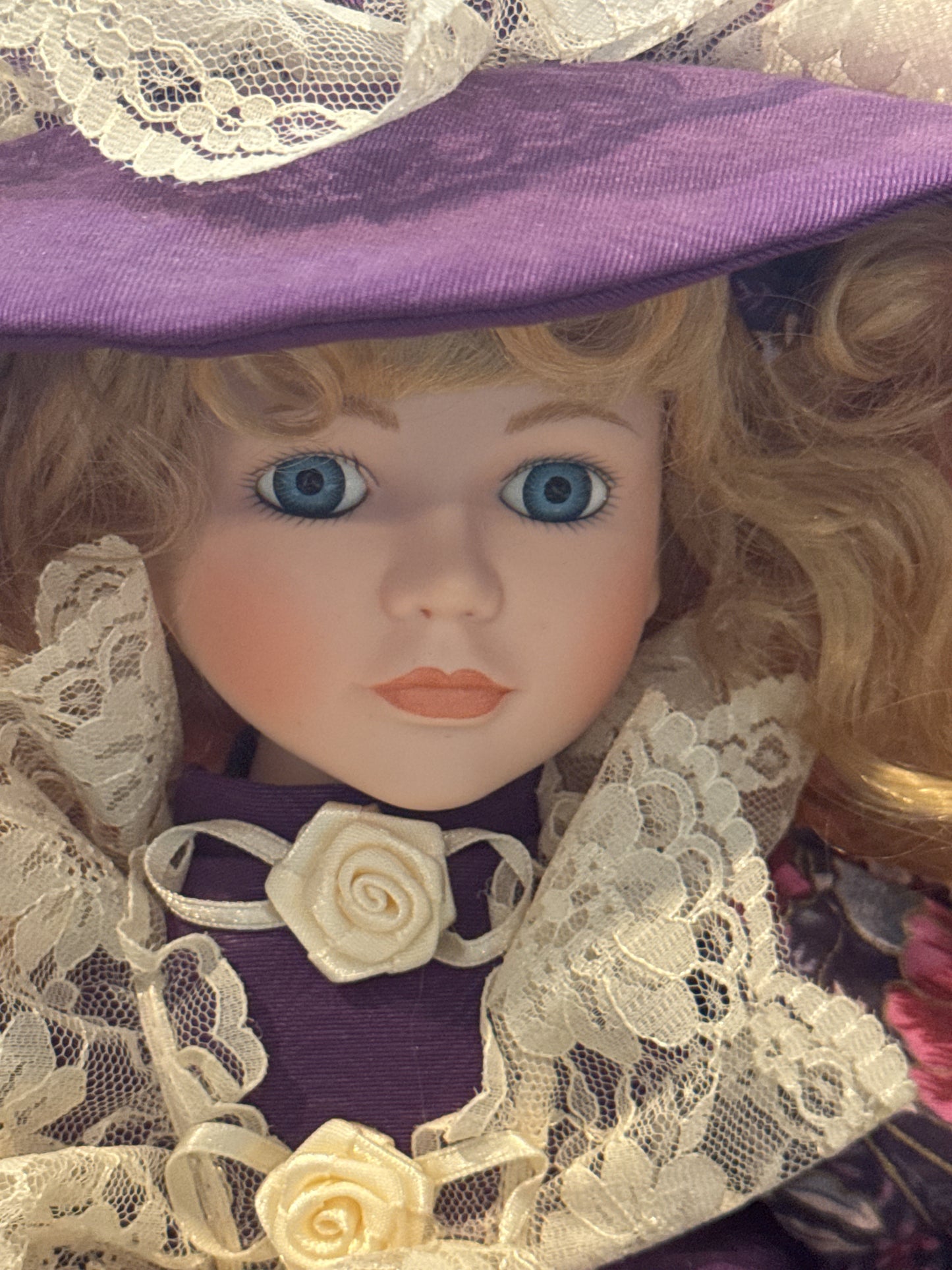 Porcelain Collectible Doll in Purple Victorian Style Dress w/ Hat & Metal Stand 17" Tall