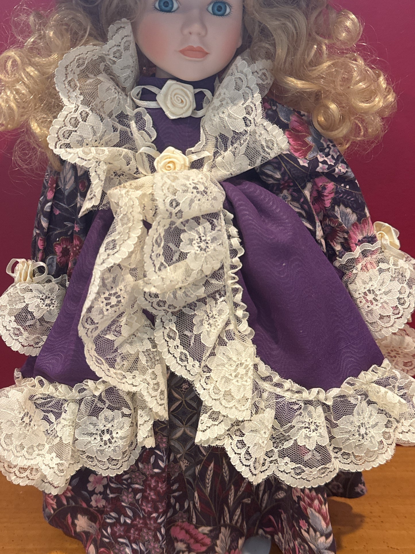 Porcelain Collectible Doll in Purple Victorian Style Dress w/ Hat & Metal Stand 17" Tall