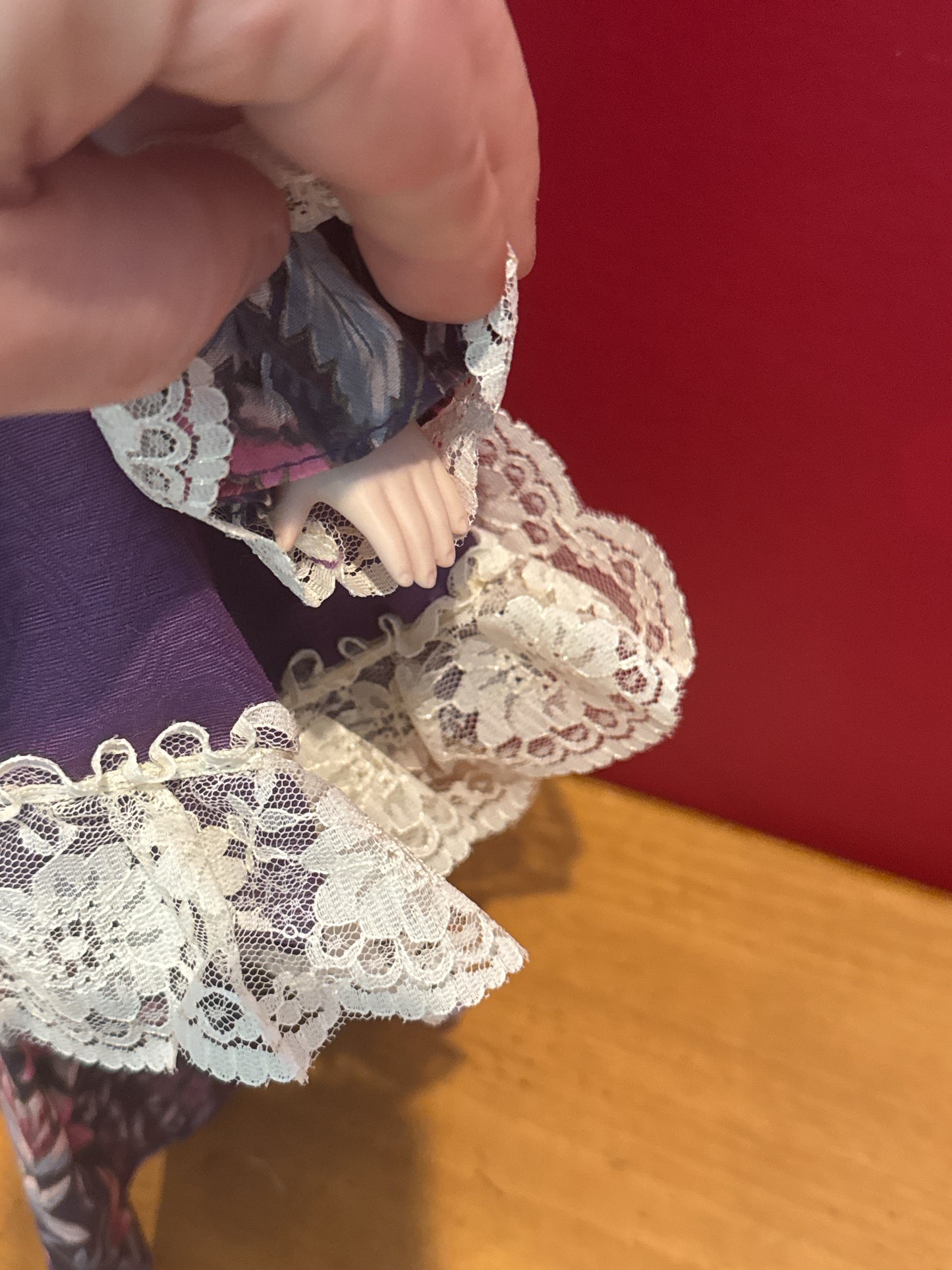 Porcelain Collectible Doll in Purple Victorian Style Dress w/ Hat & Metal Stand 17" Tall