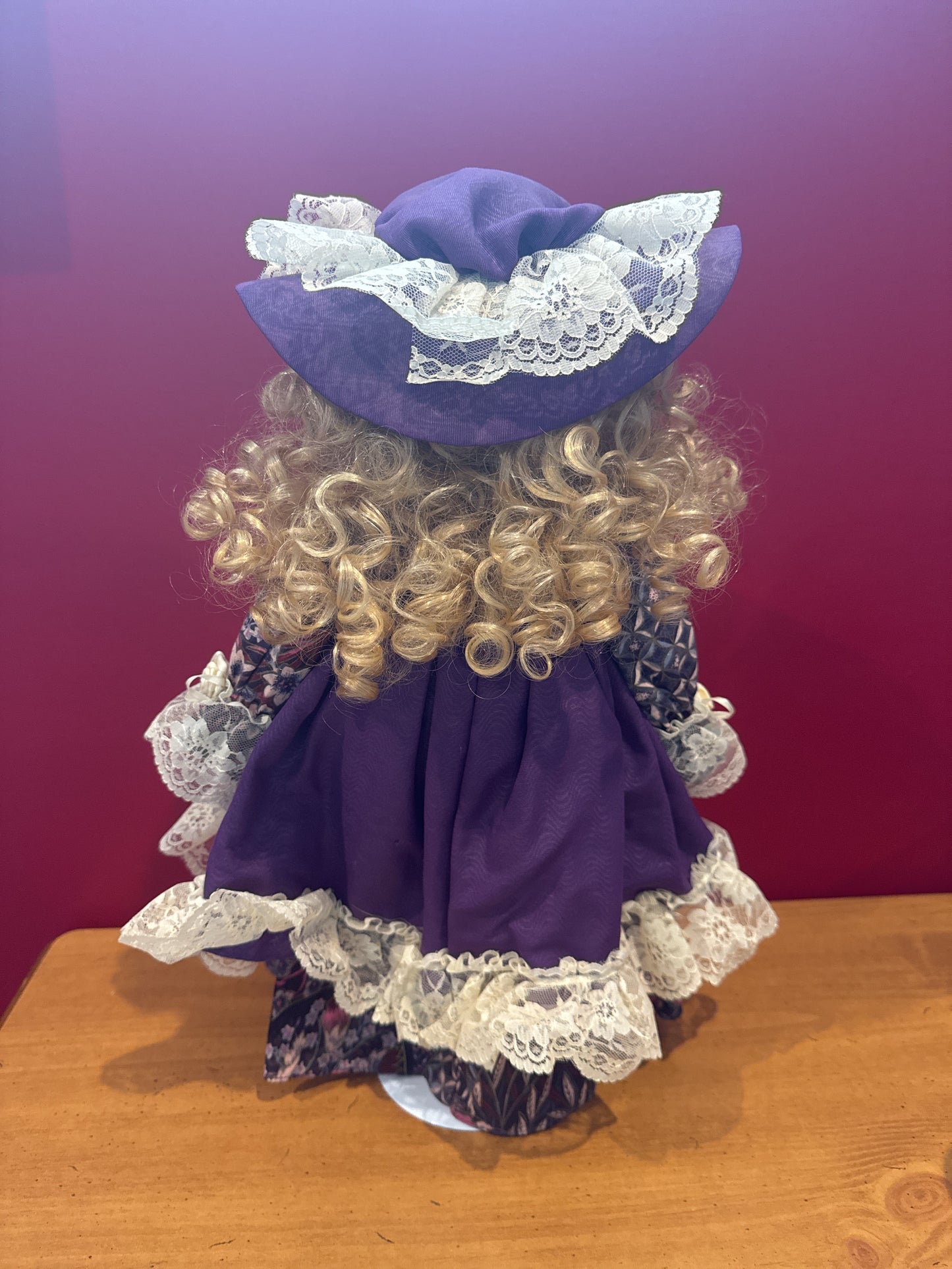 Porcelain Collectible Doll in Purple Victorian Style Dress w/ Hat & Metal Stand 17" Tall