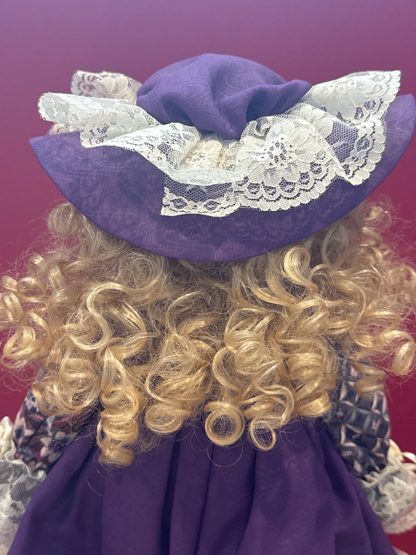 Porcelain Collectible Doll in Purple Victorian Style Dress w/ Hat & Metal Stand 17" Tall