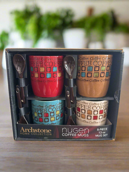 Archstone Home Collection Nugen Coffee Mugs 8 Piece Set of 4 Mugs 13oz 4 Spoons NIB