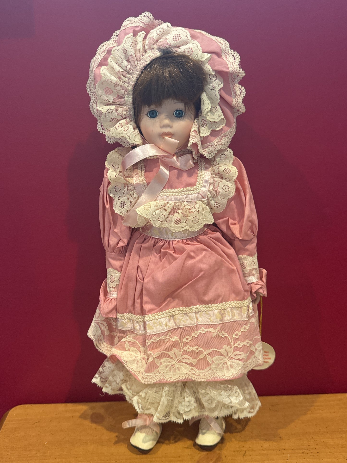 Princess House Katrina 16" Tall Porcelain Collectible Doll Pink & Lace Dress w/ Bonnet 1990