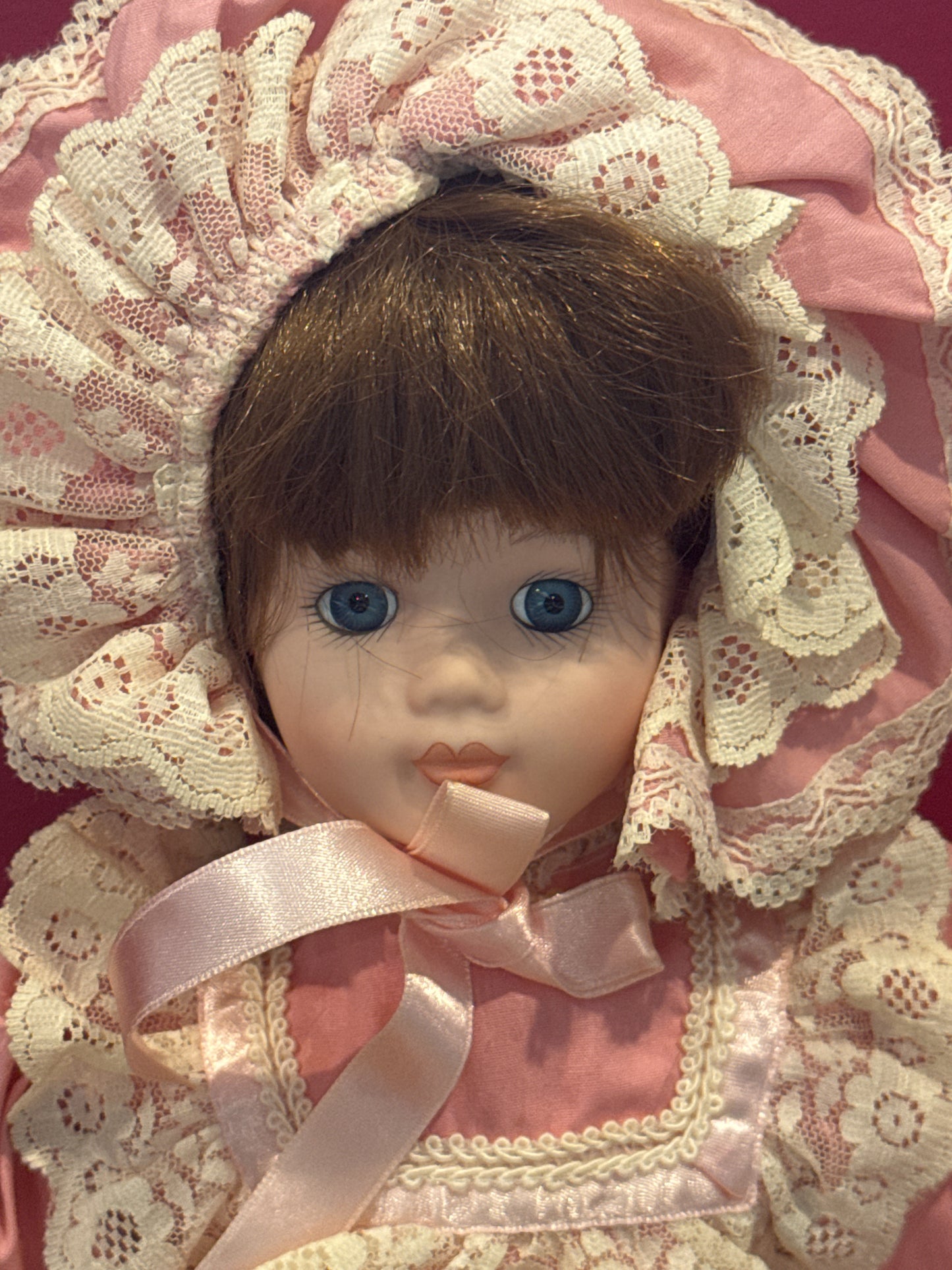 Princess House Katrina 16" Tall Porcelain Collectible Doll Pink & Lace Dress w/ Bonnet 1990