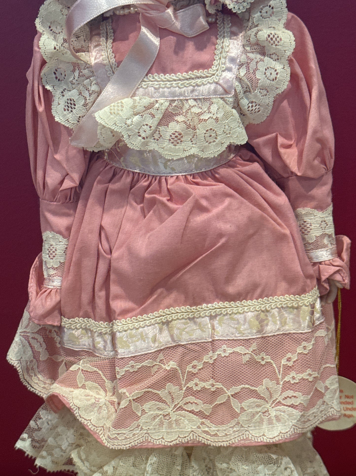 Princess House Katrina 16" Tall Porcelain Collectible Doll Pink & Lace Dress w/ Bonnet 1990