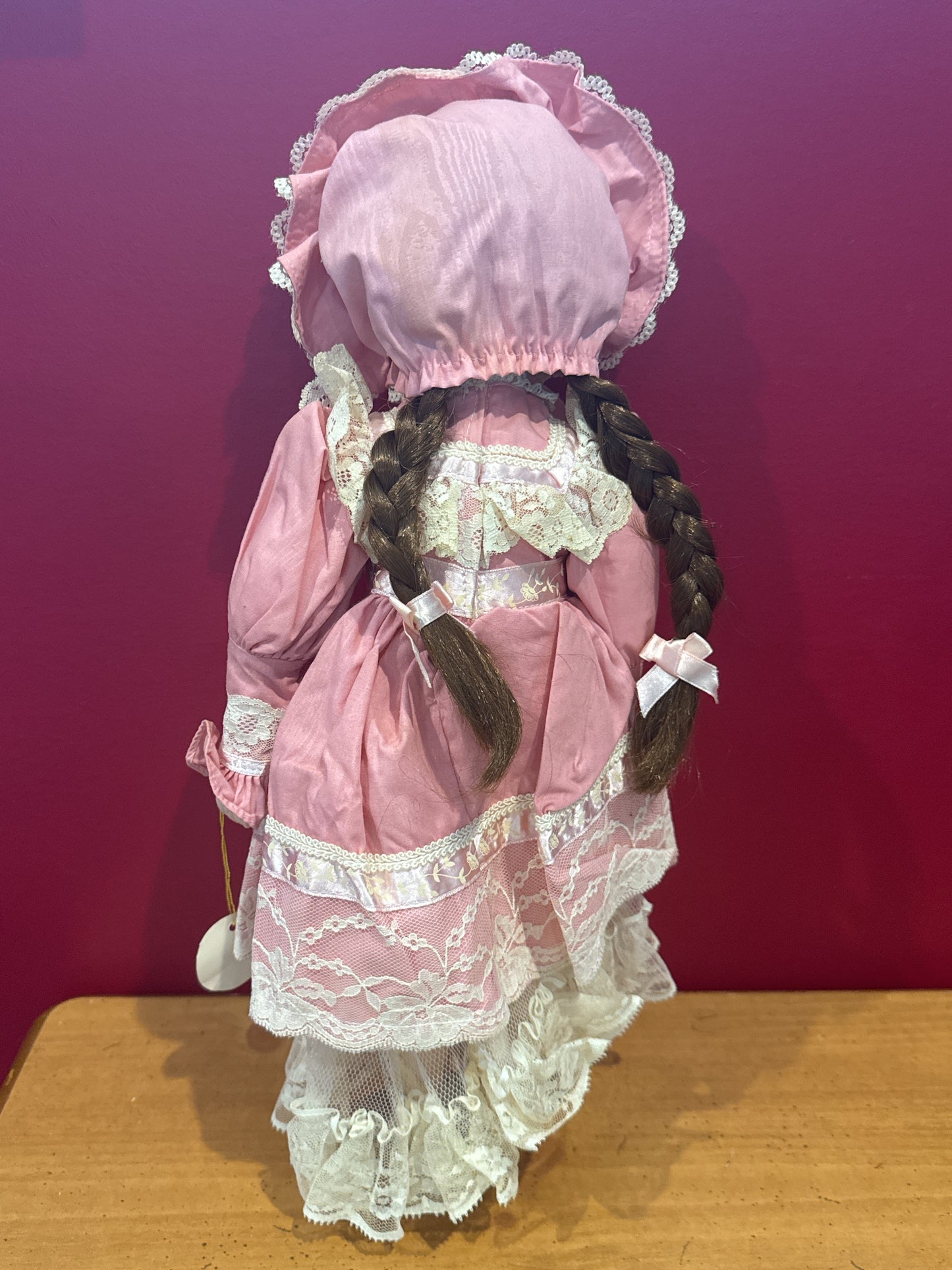 Princess House Katrina 16" Tall Porcelain Collectible Doll Pink & Lace Dress w/ Bonnet 1990