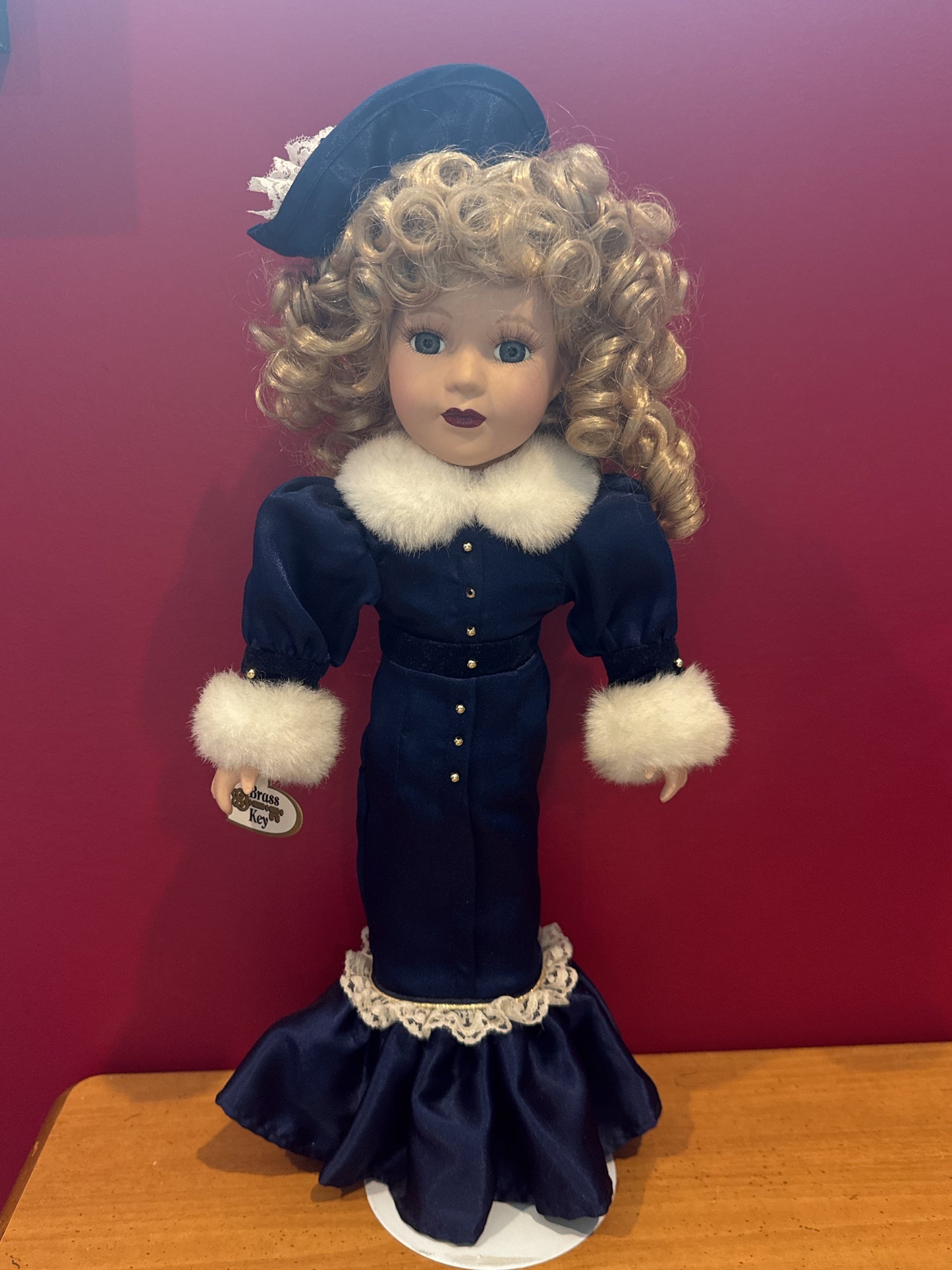 Brass Key Victorian Collection Porcelain Doll Blue Dress Blonde Hair w/ Stand 17" Tall