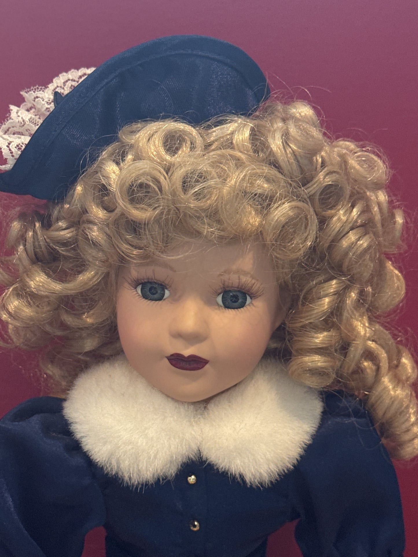 Brass Key Victorian Collection Porcelain Doll Blue Dress Blonde Hair w/ Stand 17" Tall