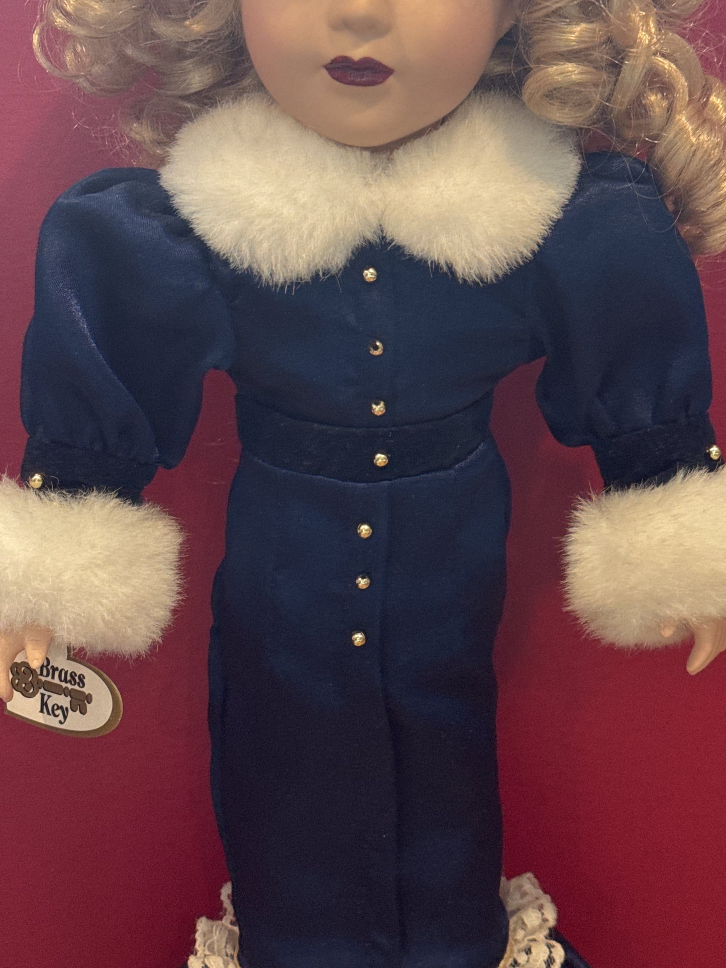 Brass Key Victorian Collection Porcelain Doll Blue Dress Blonde Hair w/ Stand 17" Tall