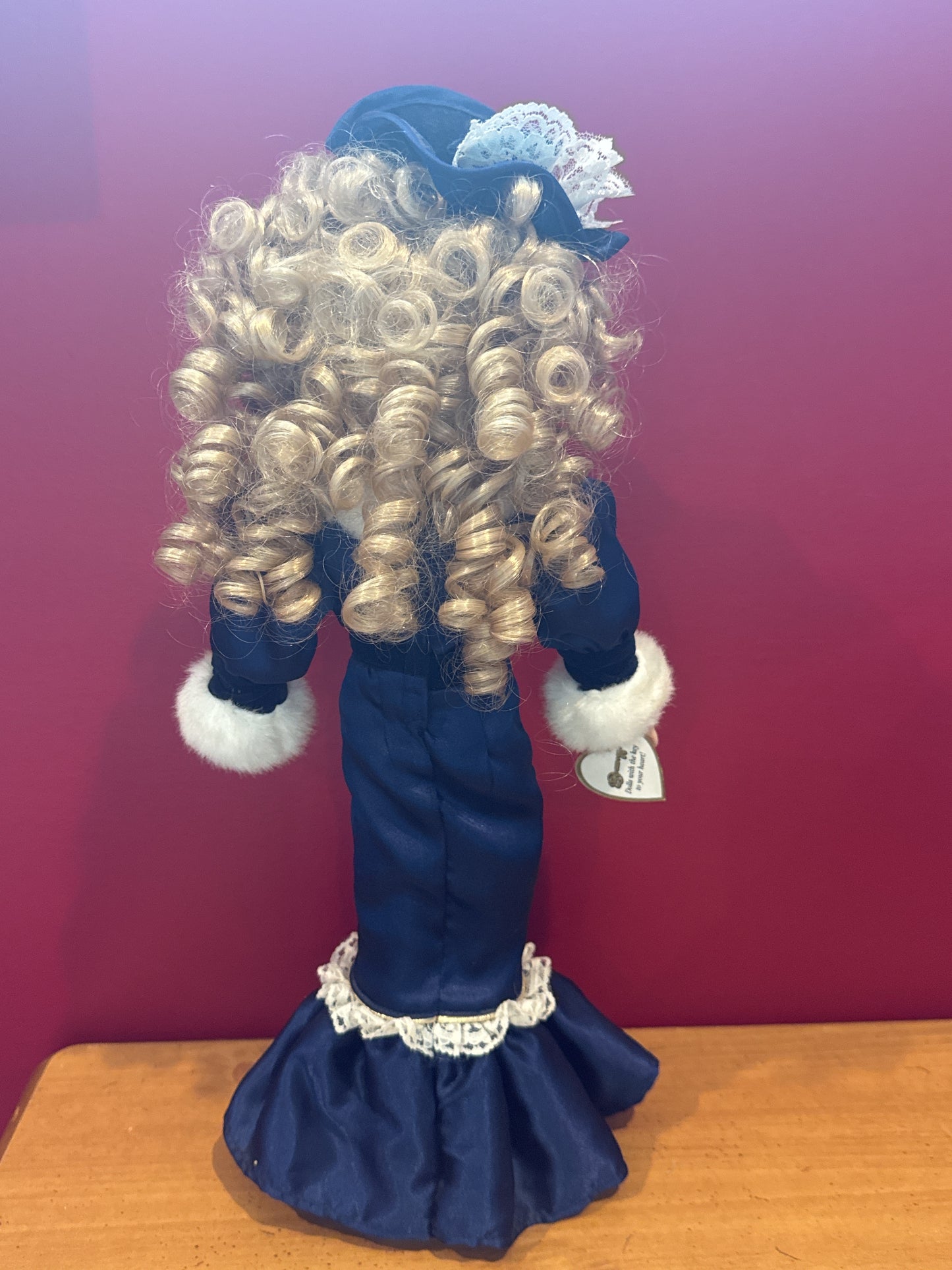 Brass Key Victorian Collection Porcelain Doll Blue Dress Blonde Hair w/ Stand 17" Tall