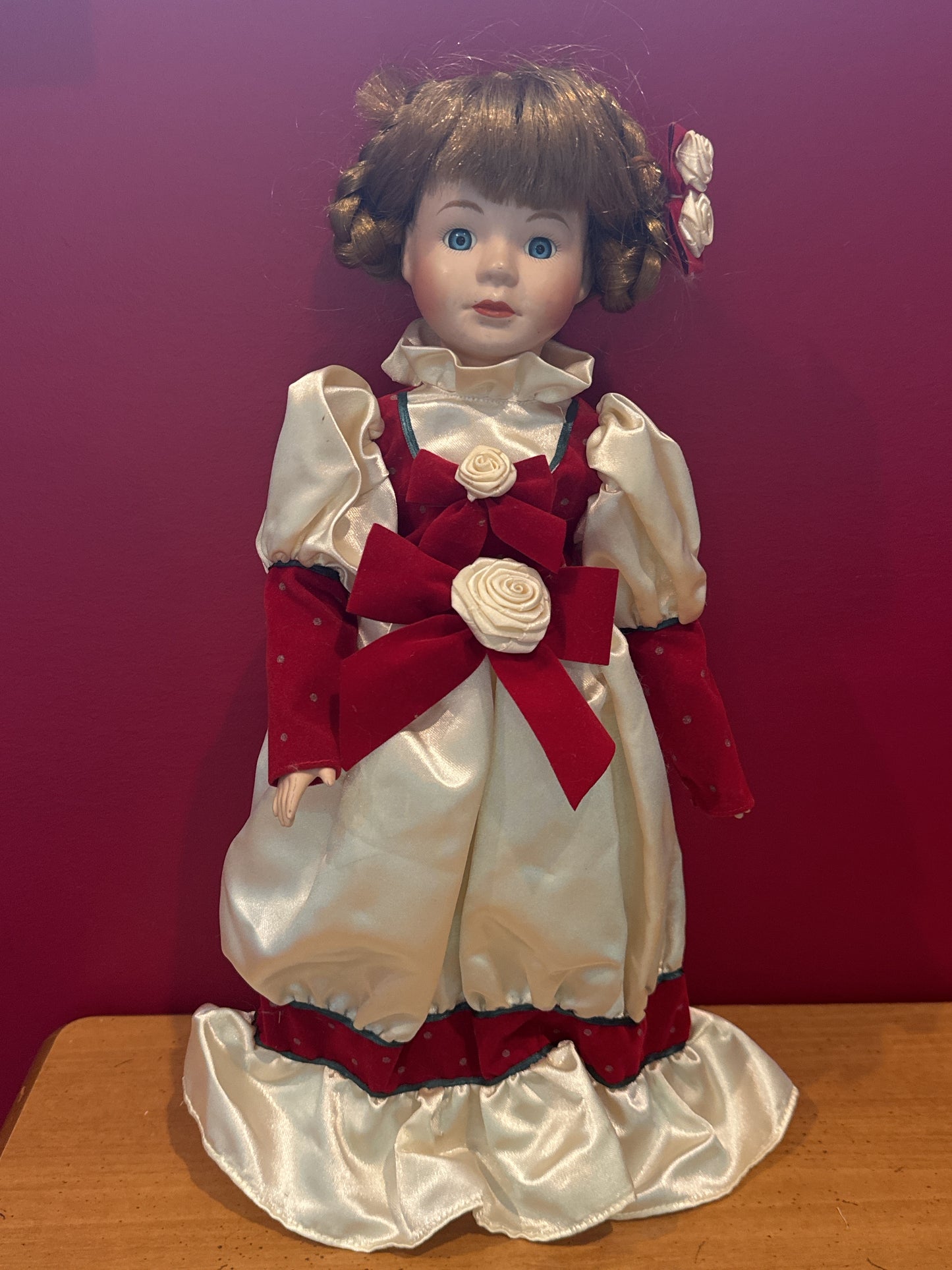 Porcelain Collectible Doll Victorian Holiday Christmas Theme White/Red Dress Blonde Hair 16"